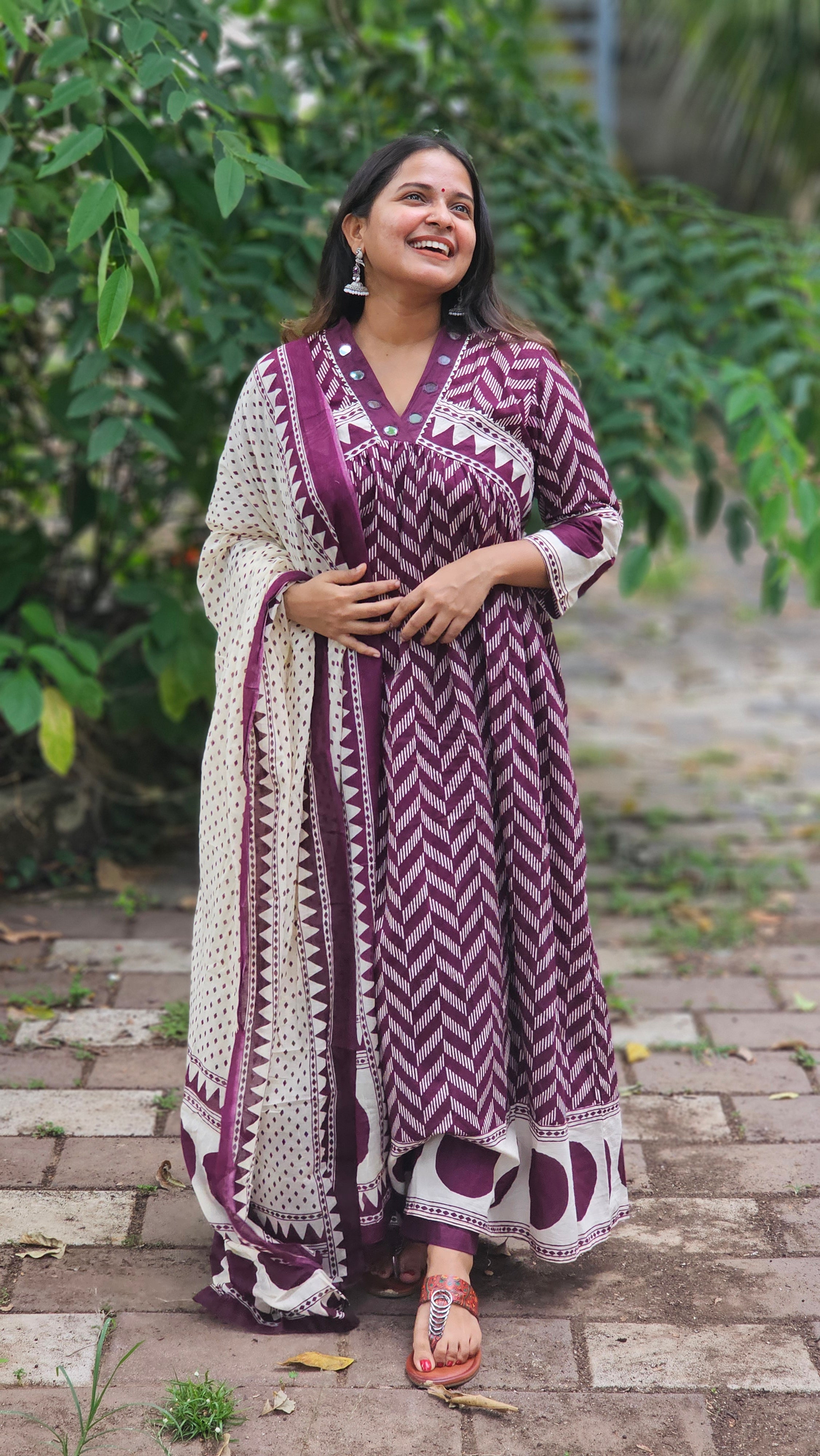 Regal plum A-line kurta set with dupatta - KM138