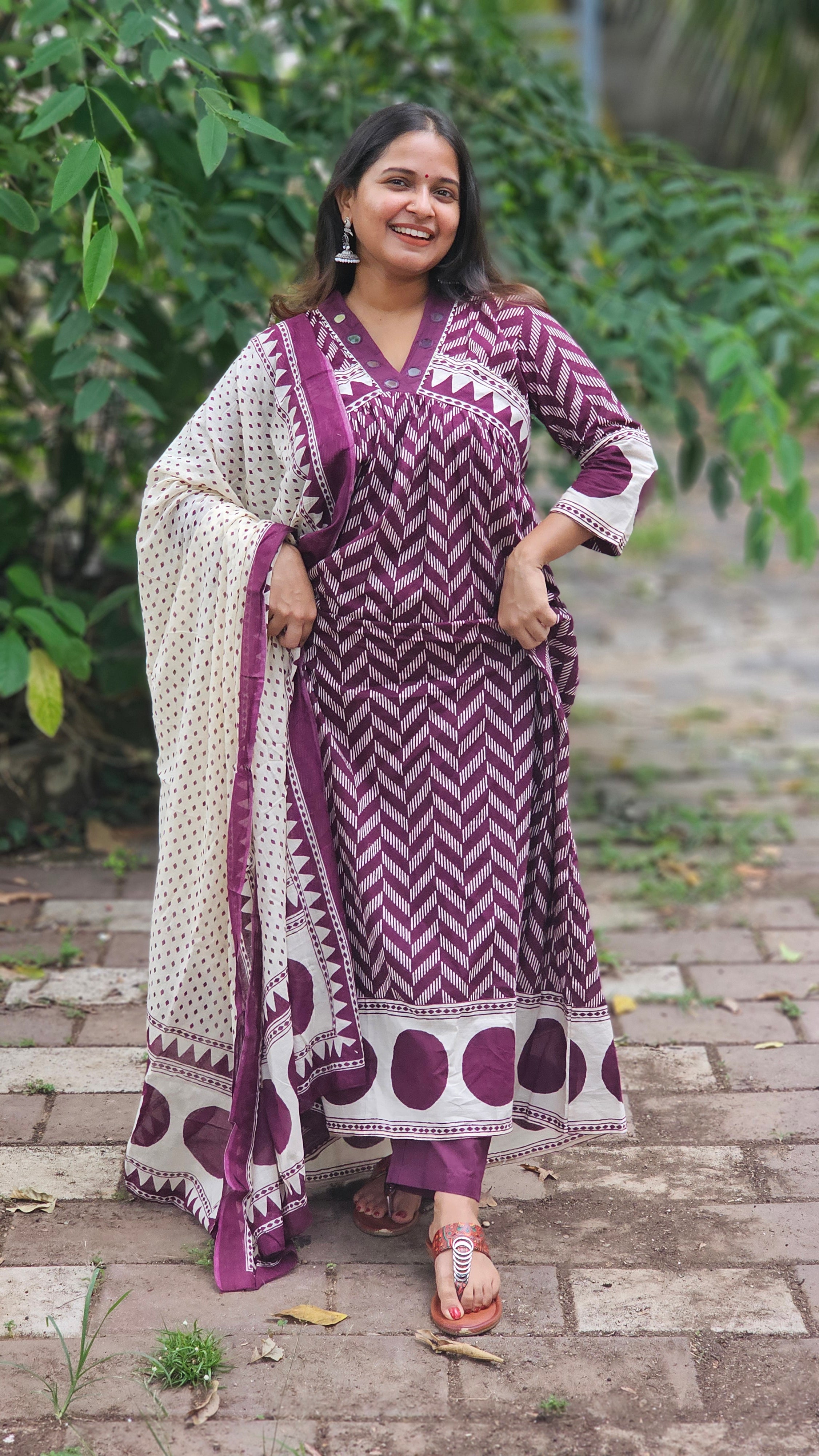 Regal plum A-line kurta set with dupatta - KM138