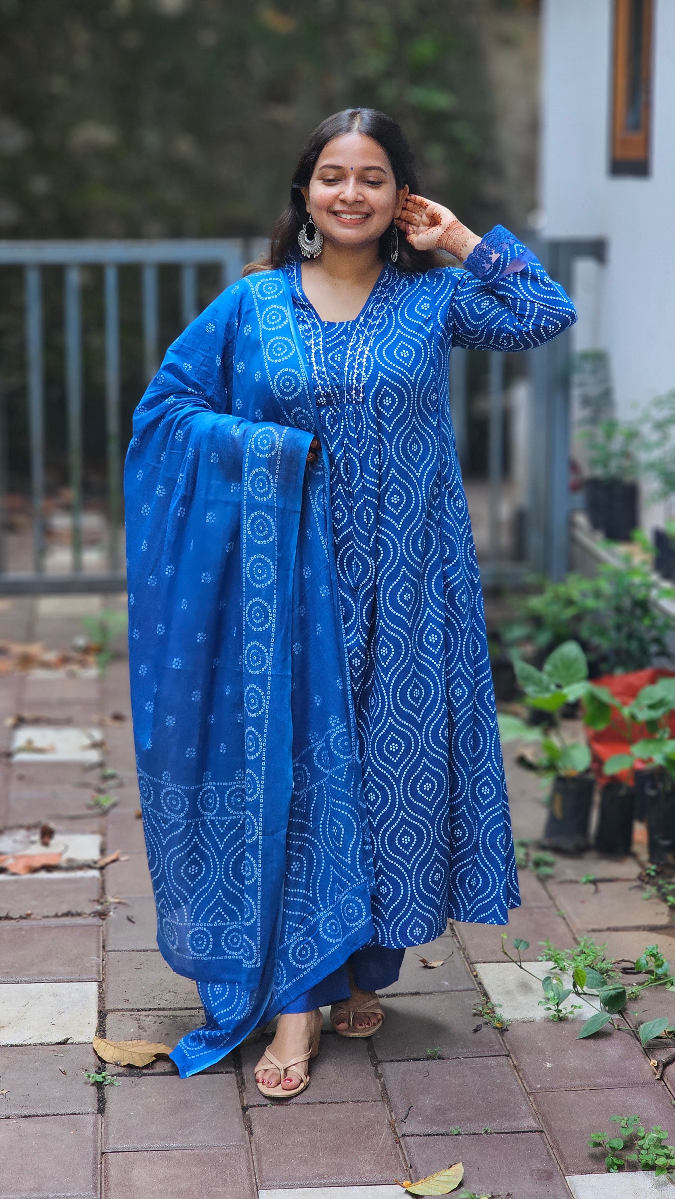 Blue Ethnic printed cotton A-line kurta set with dupatta - KM132