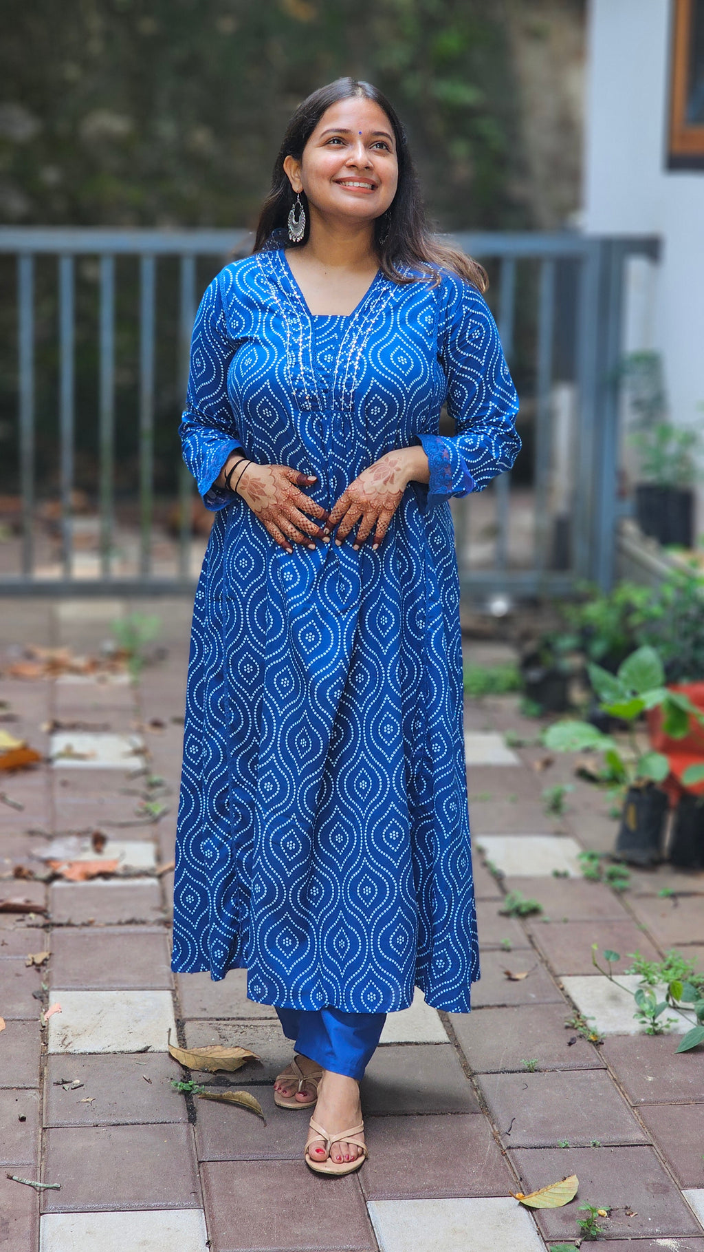 Blue Ethnic printed cotton A-line kurta set with dupatta - KM132