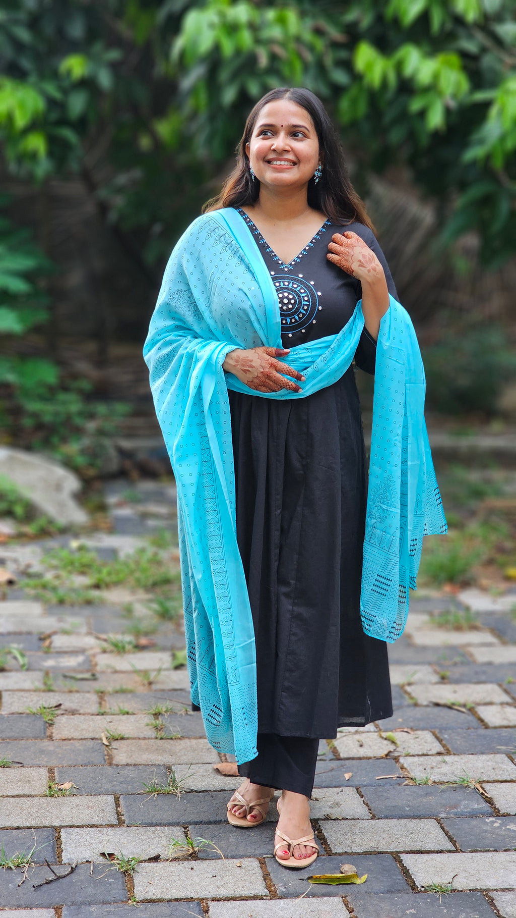 Black cotton flared kurta set with dupatta - KM133