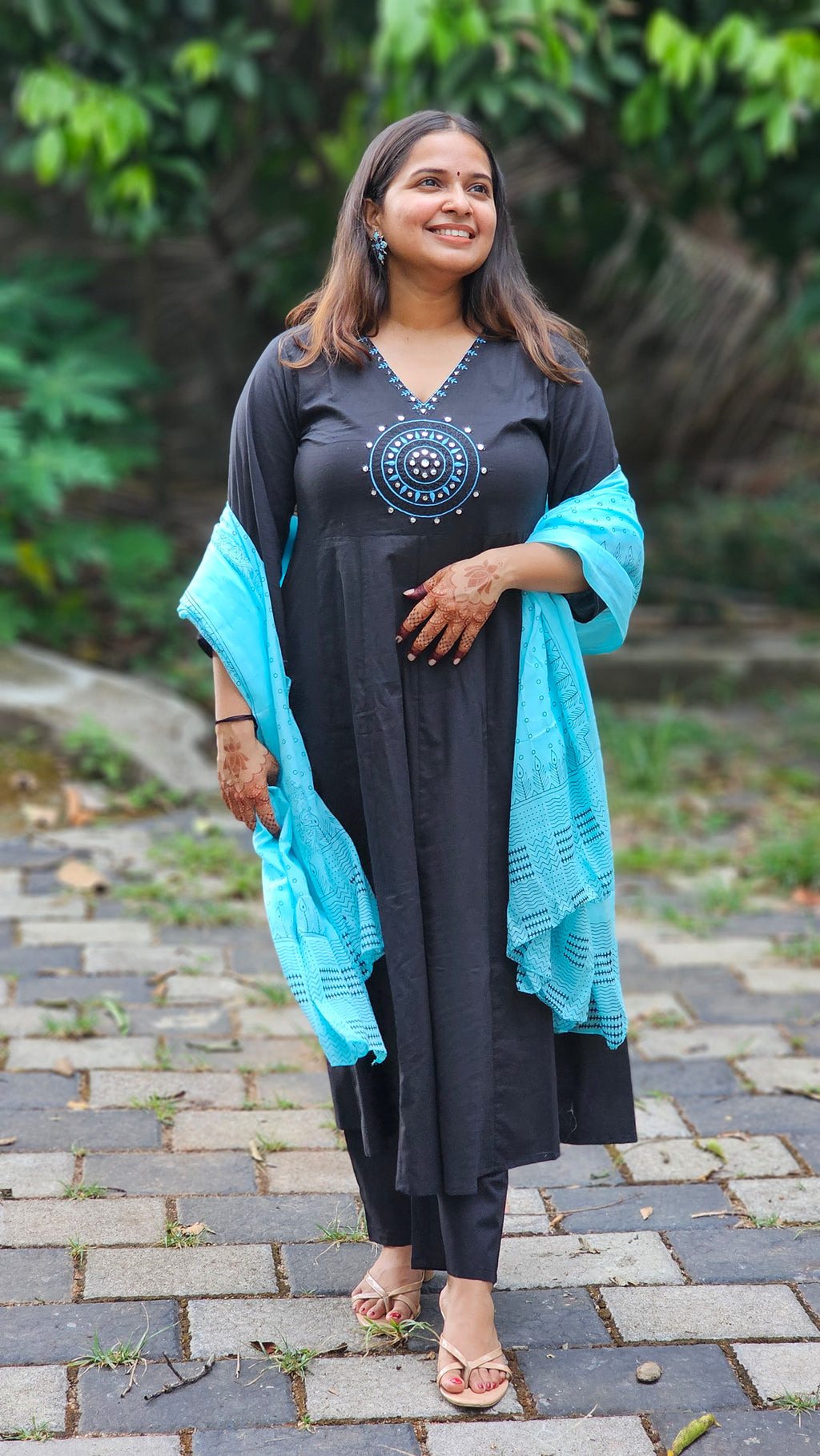 Black cotton flared kurta set with dupatta - KM133