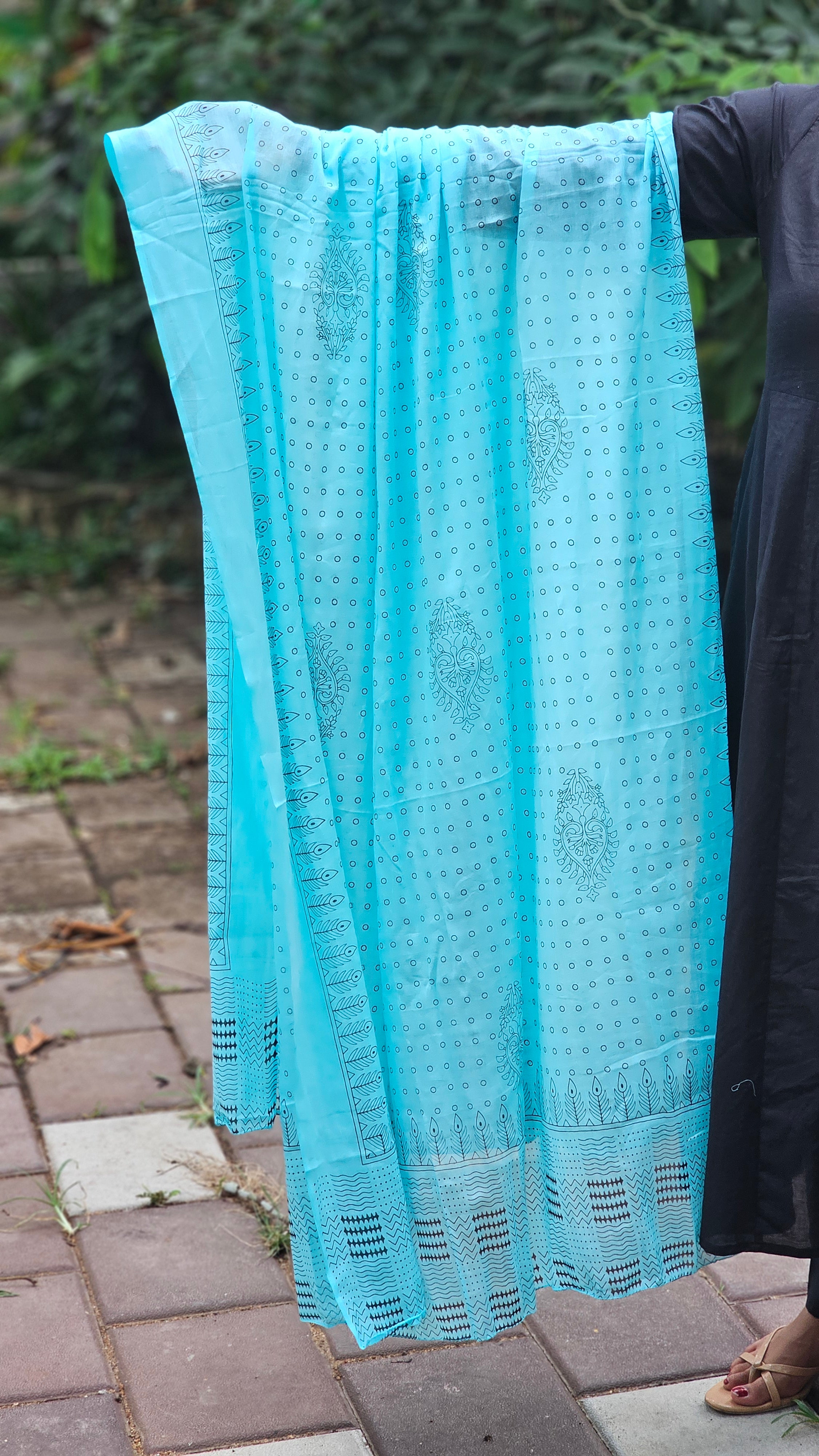 Black cotton flared kurta set with dupatta - KM133