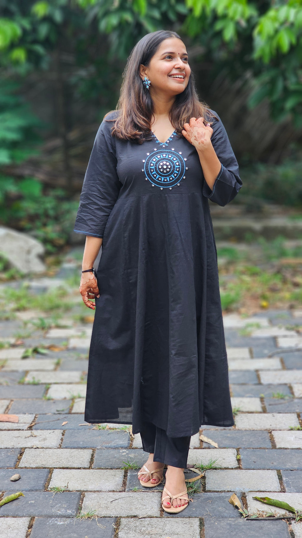 Black cotton flared kurta set with dupatta - KM133