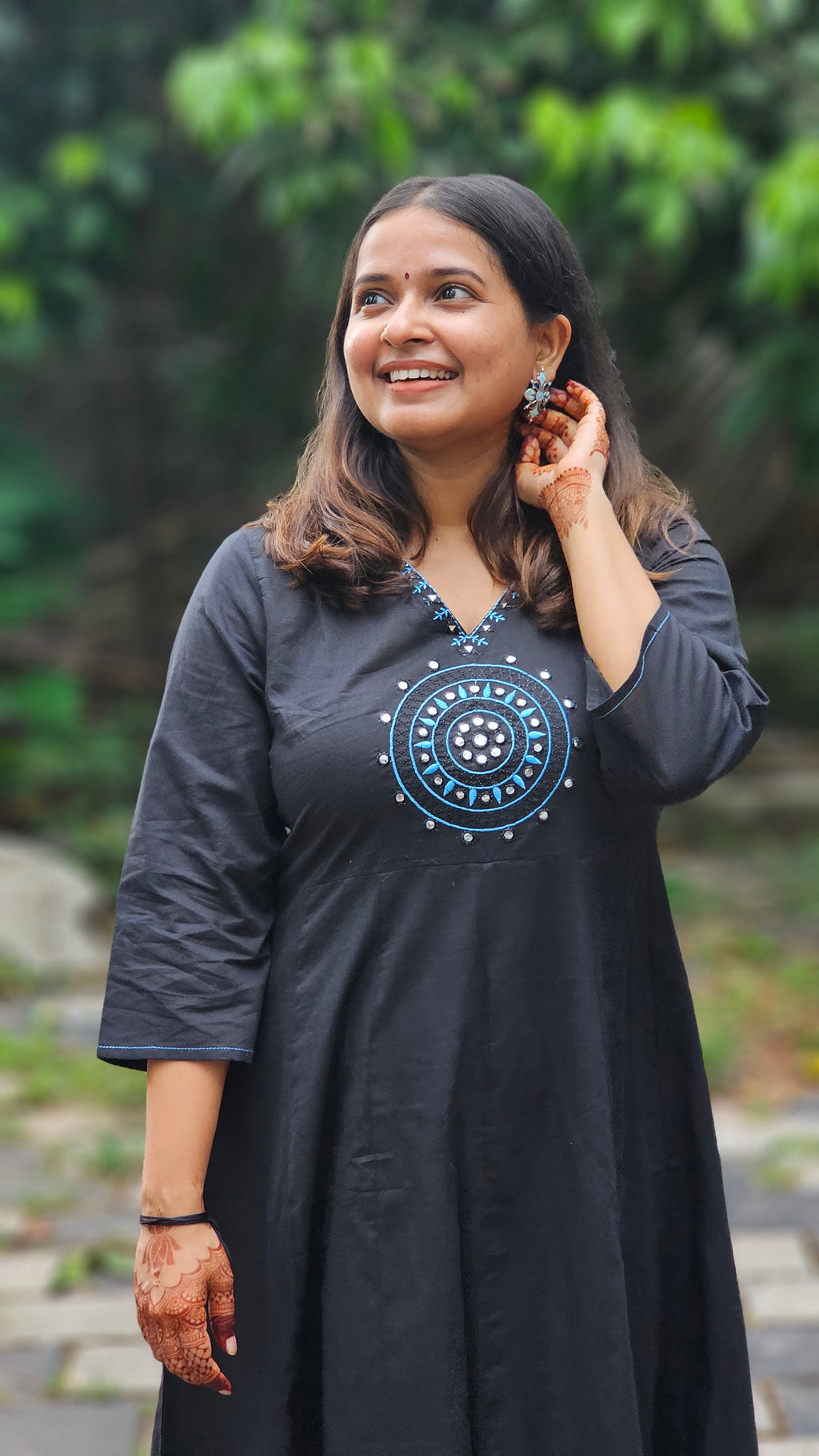 Black cotton flared kurta set with dupatta - KM133