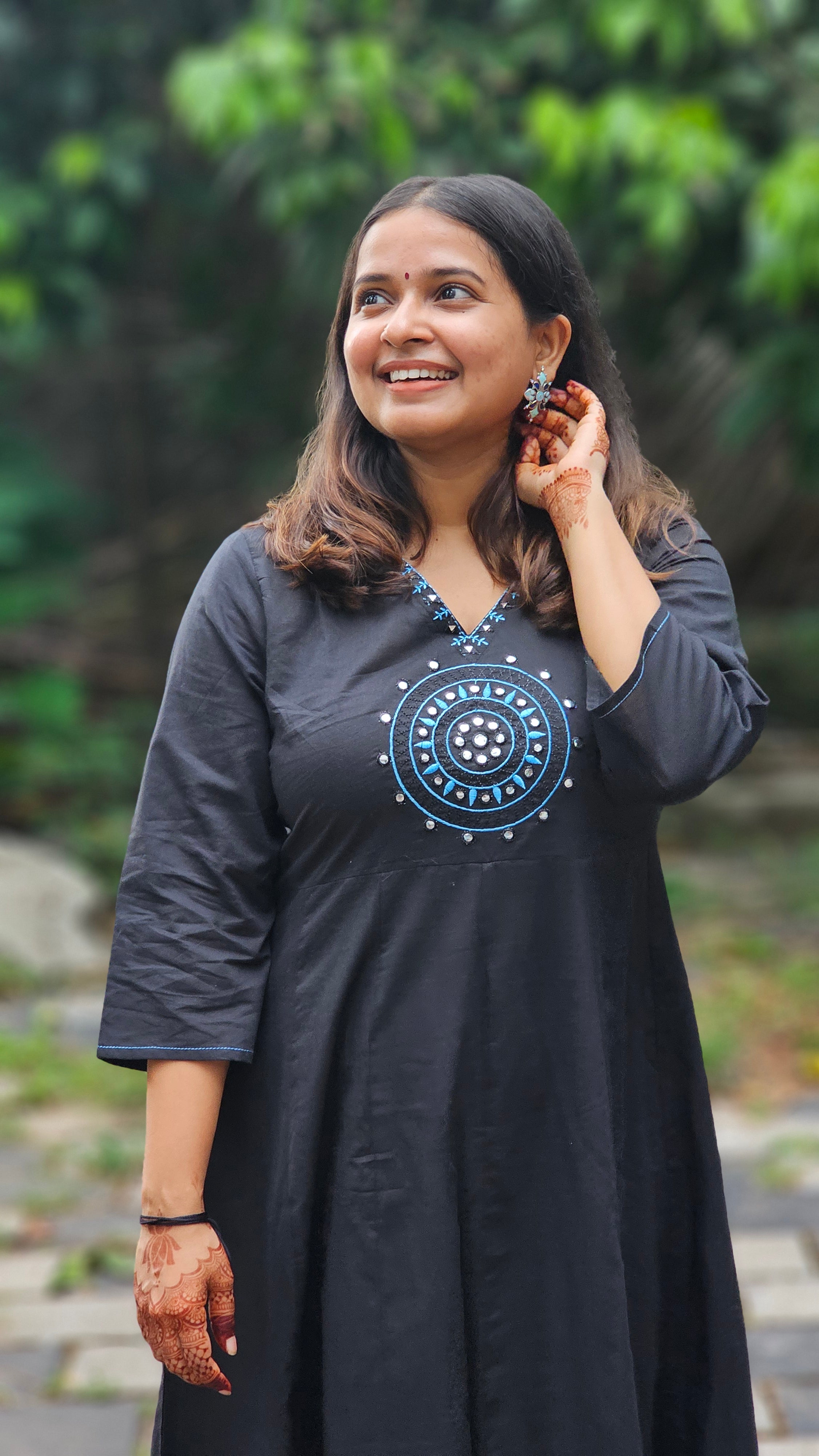 Black cotton flared kurta set with dupatta - KM133