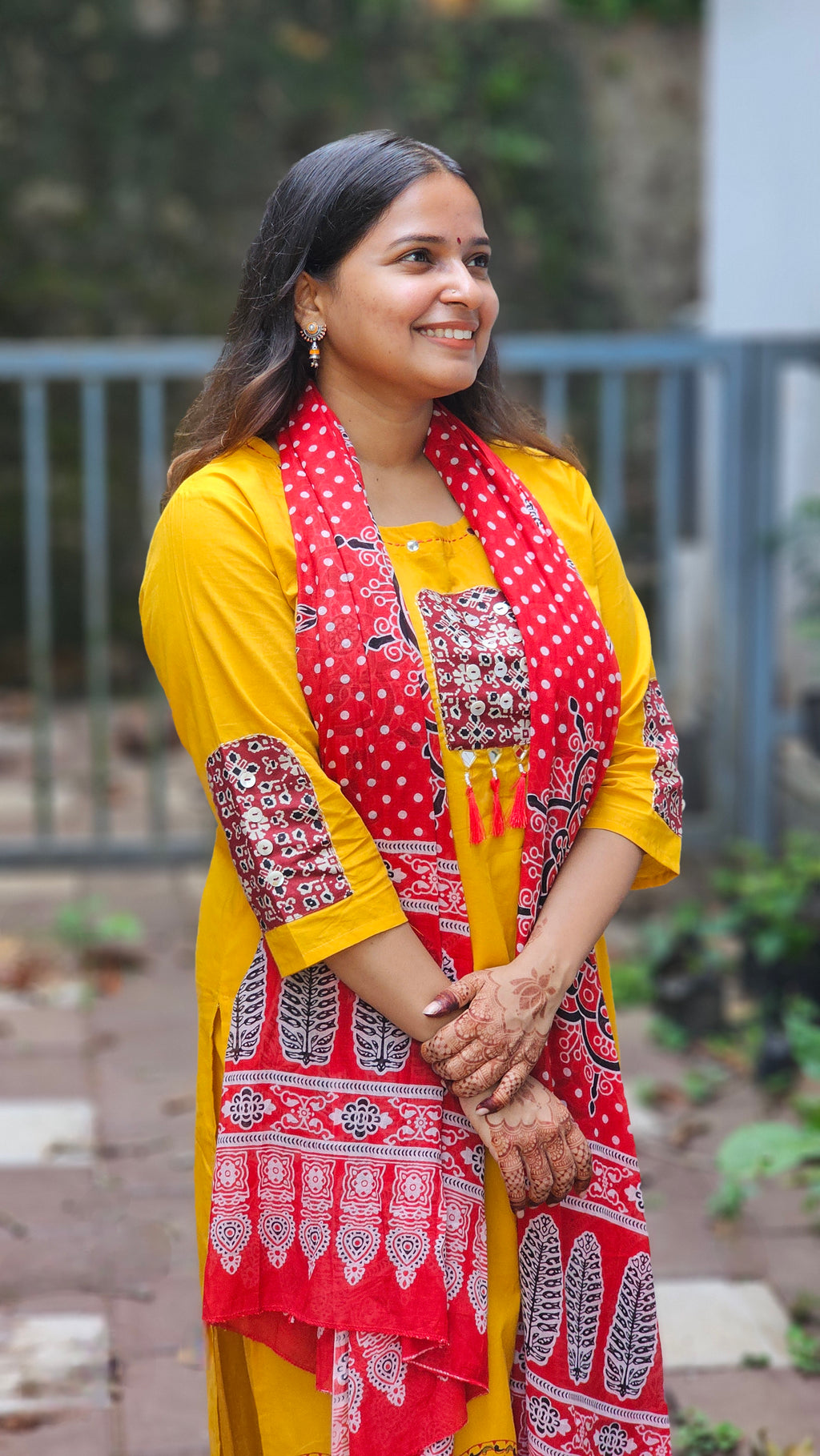 Yellow kurta set with red dupatta  - KM140