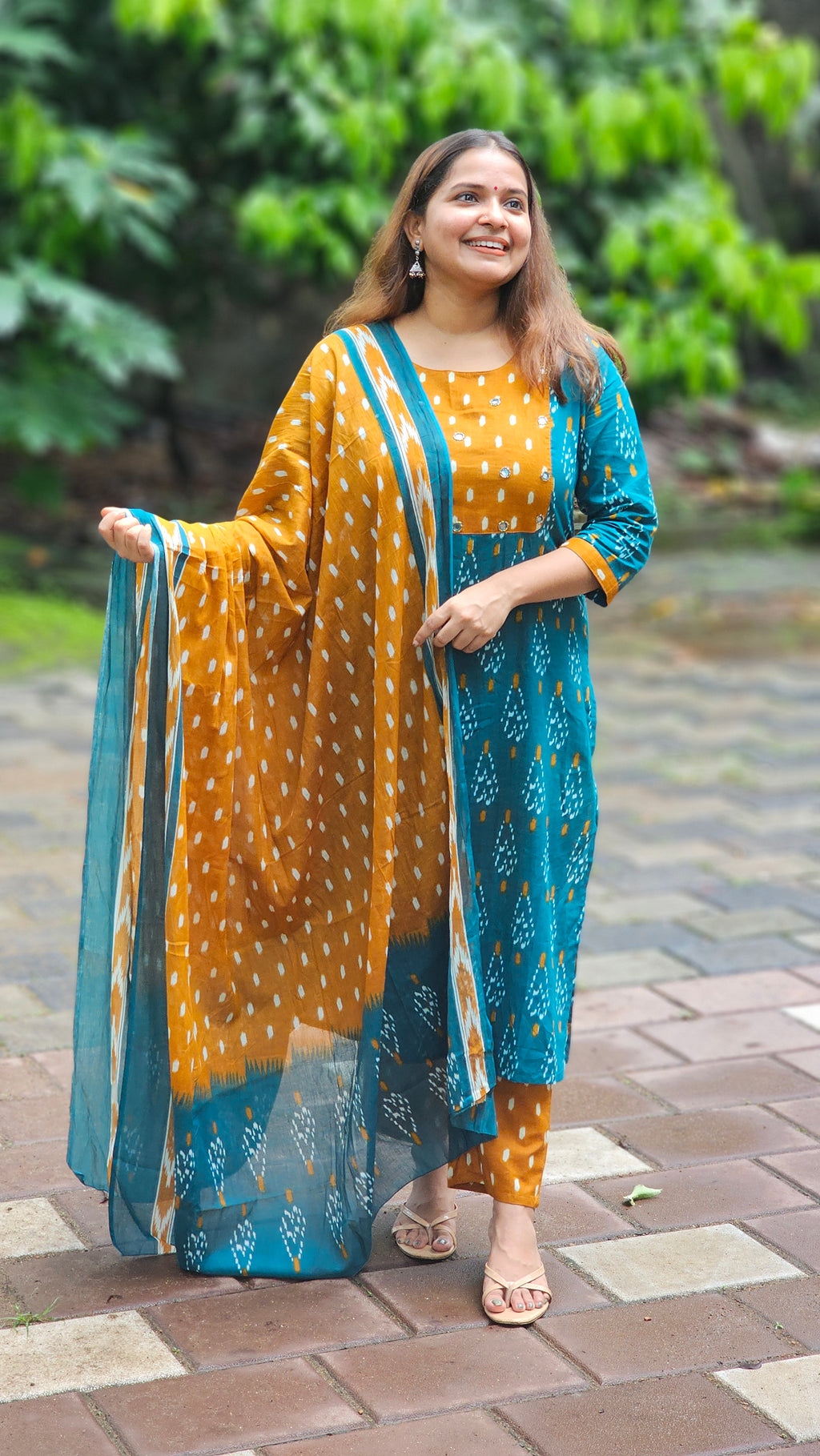 Mustard and Teal Kurta Set with Dupatta - KM148