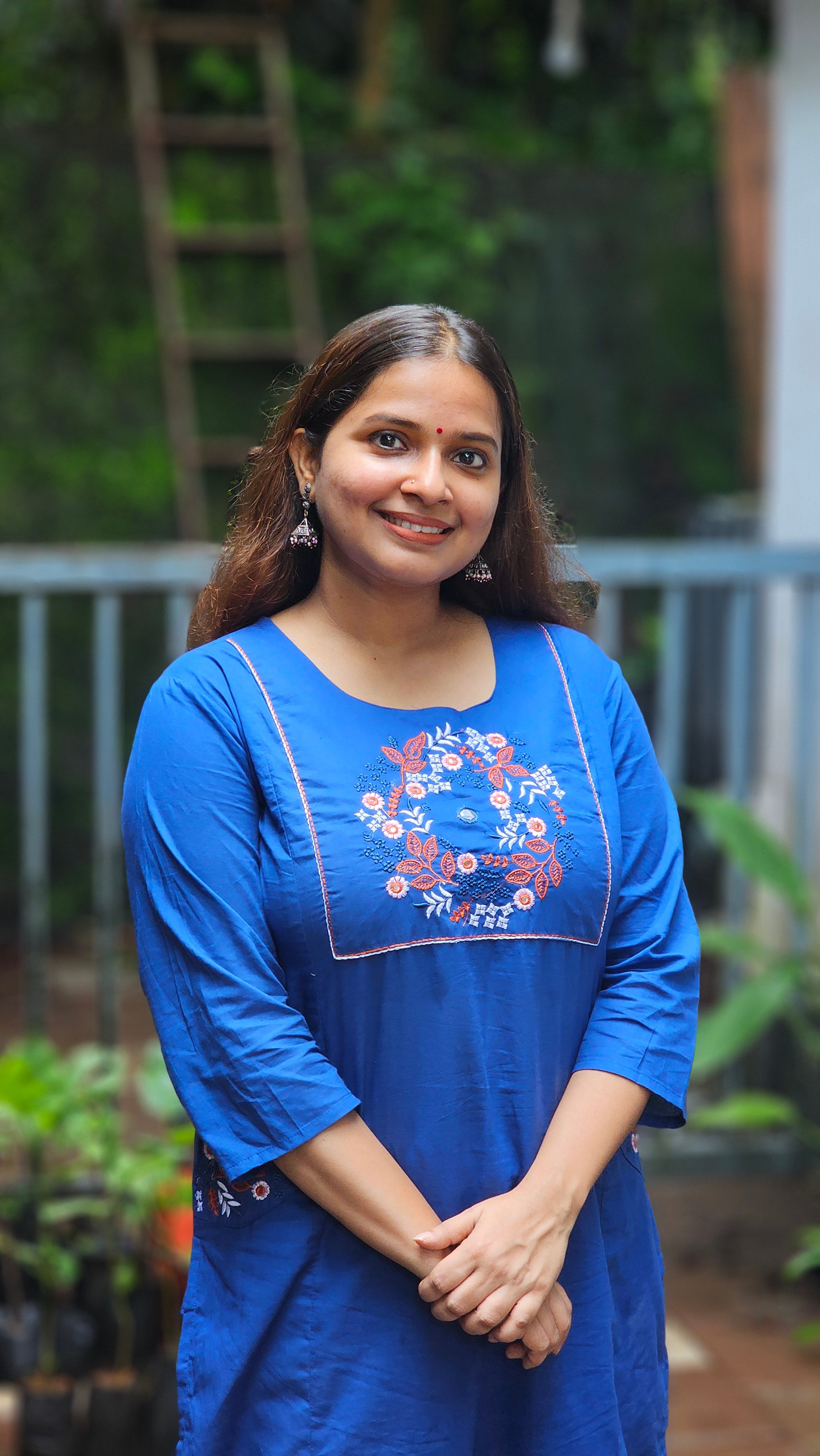 Blue Floral Embroidered Kurta Set with Pockets - KM146