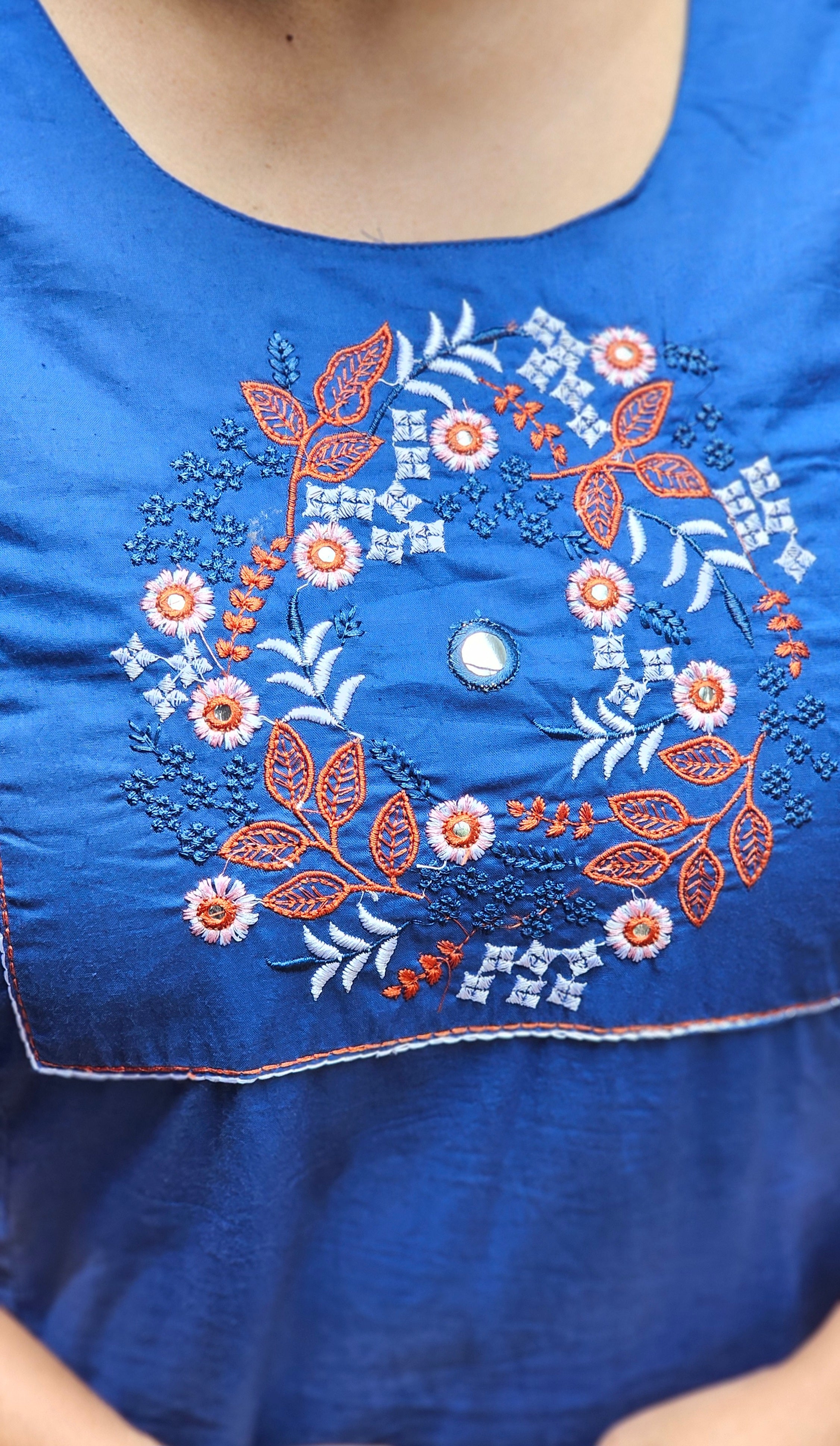Blue Floral Embroidered Kurta Set with Pockets - KM146