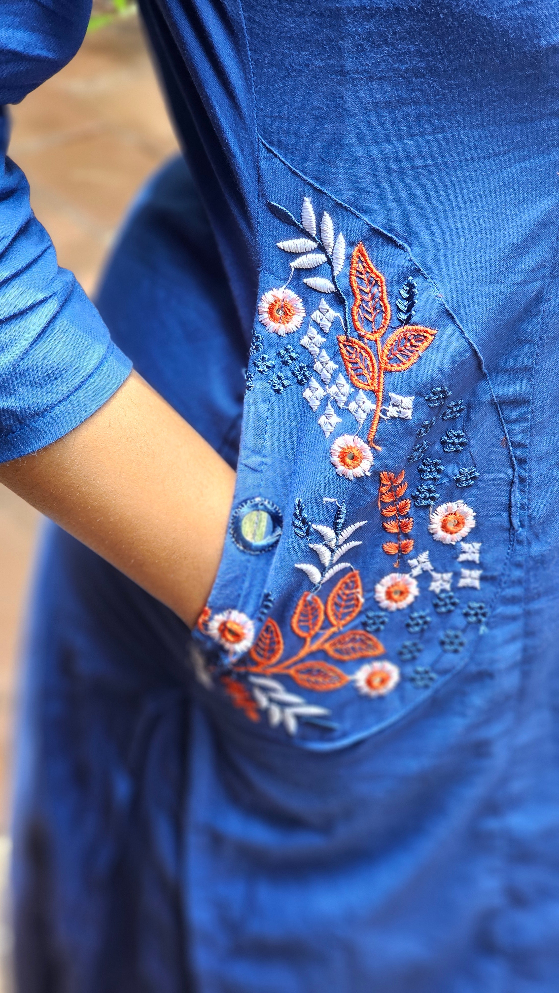 Blue Floral Embroidered Kurta Set with Pockets - KM146