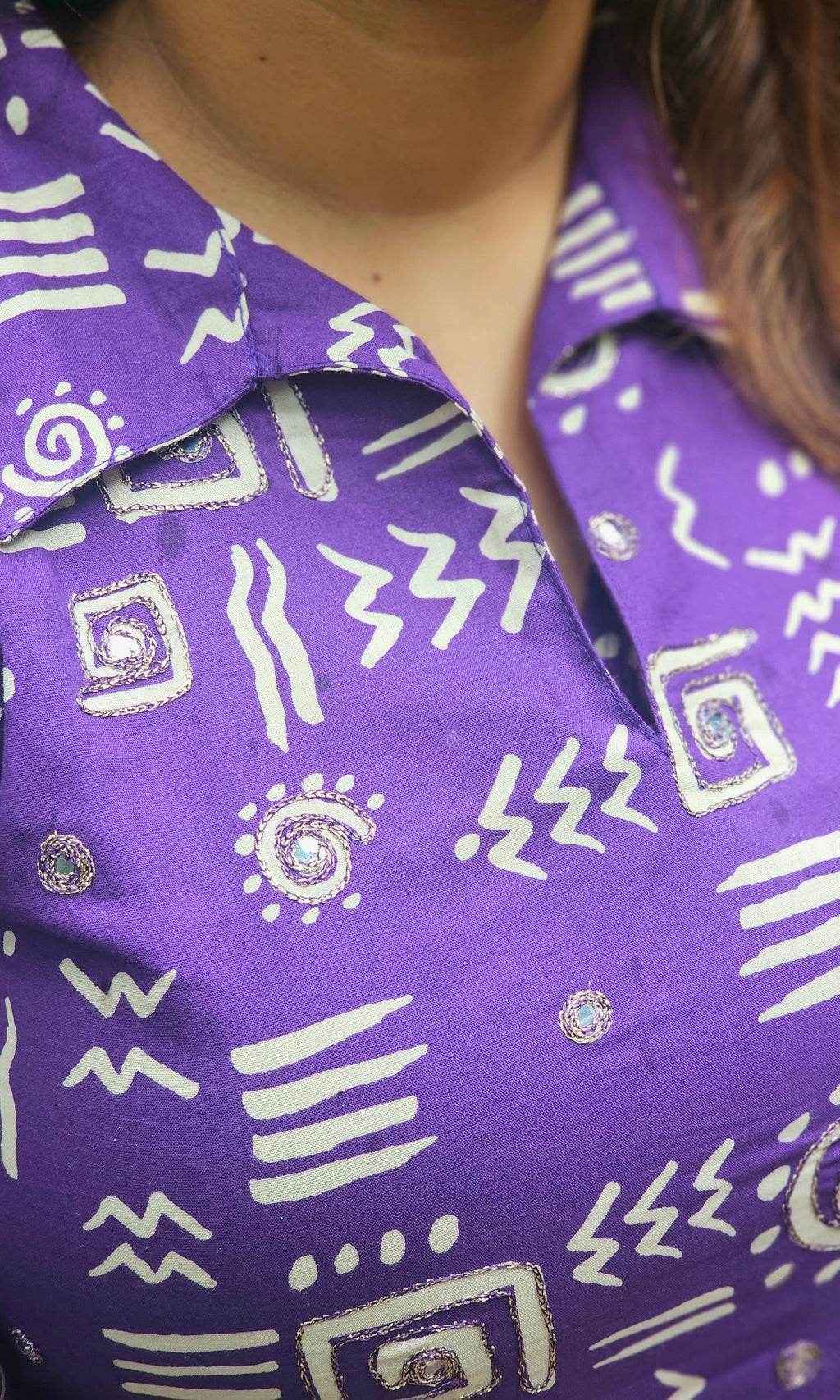 Purple Geometric Print Collared Kurta Set - KM212