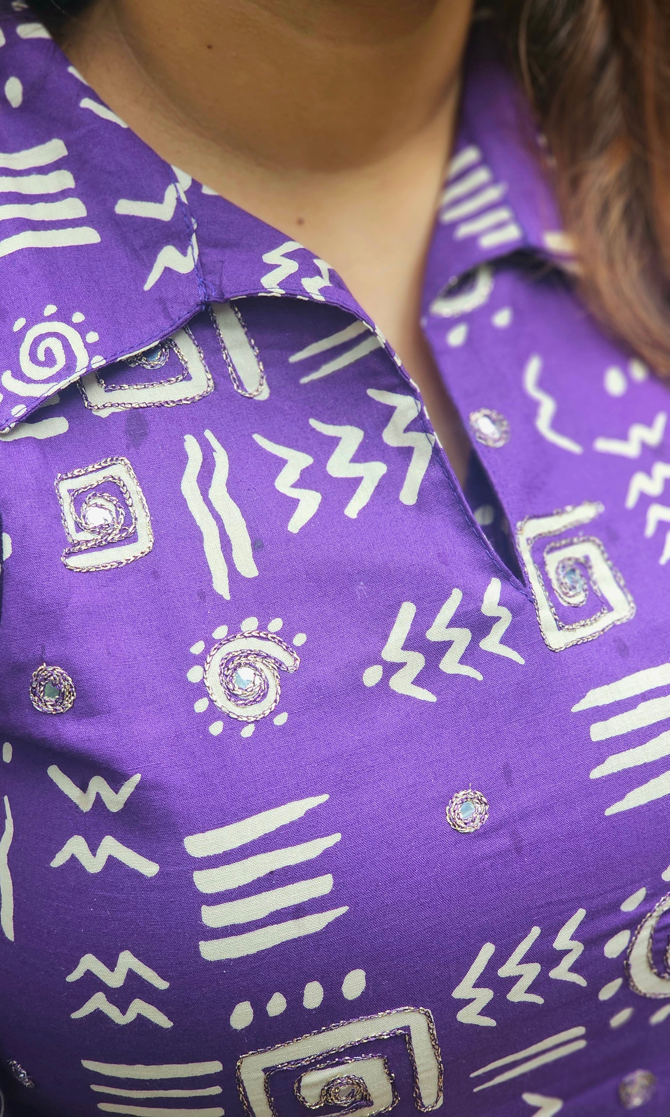 Purple Geometric Print Collared Kurta Set - KM212