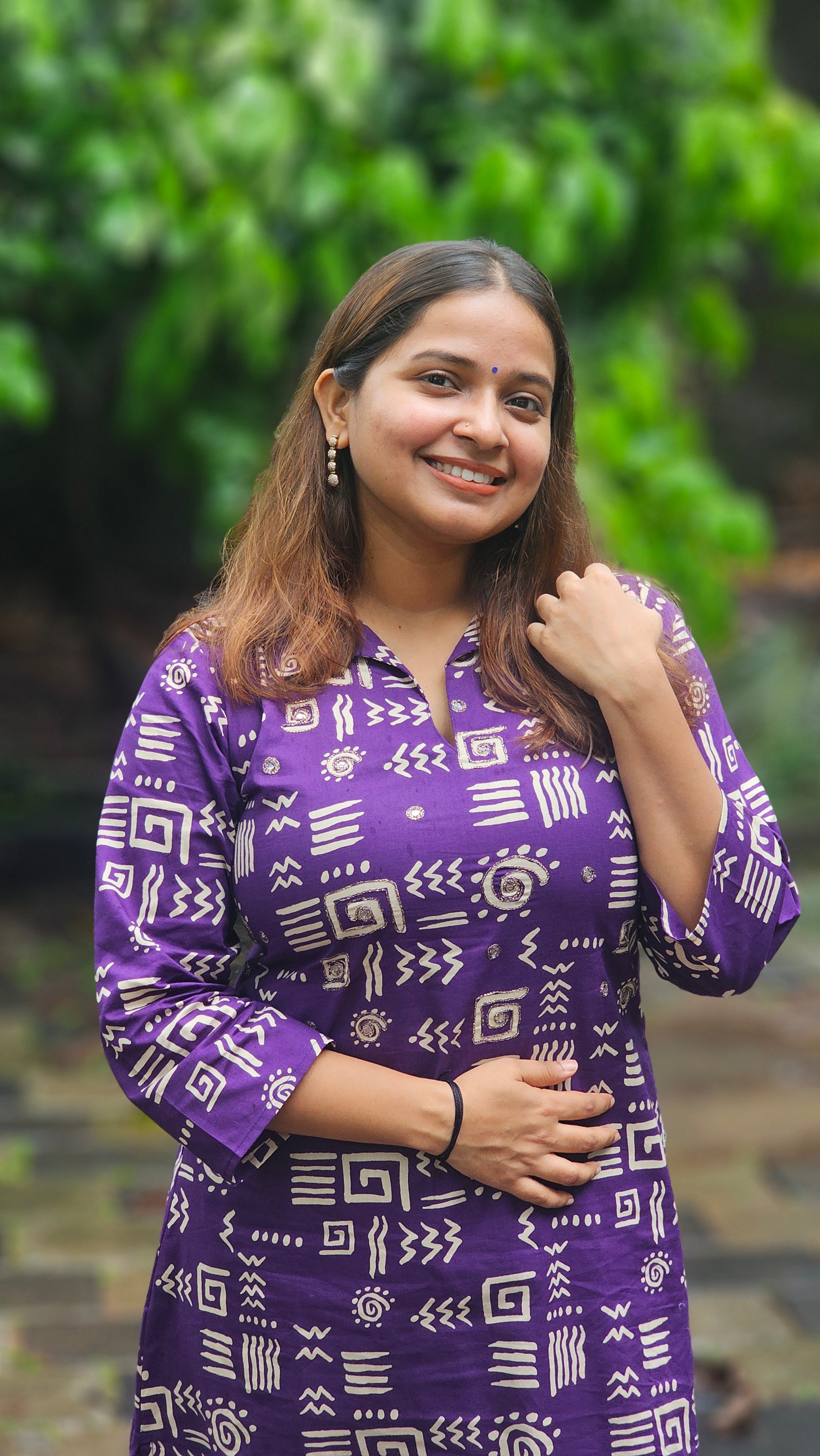 Purple Geometric Print Collared Kurta Set - KM212