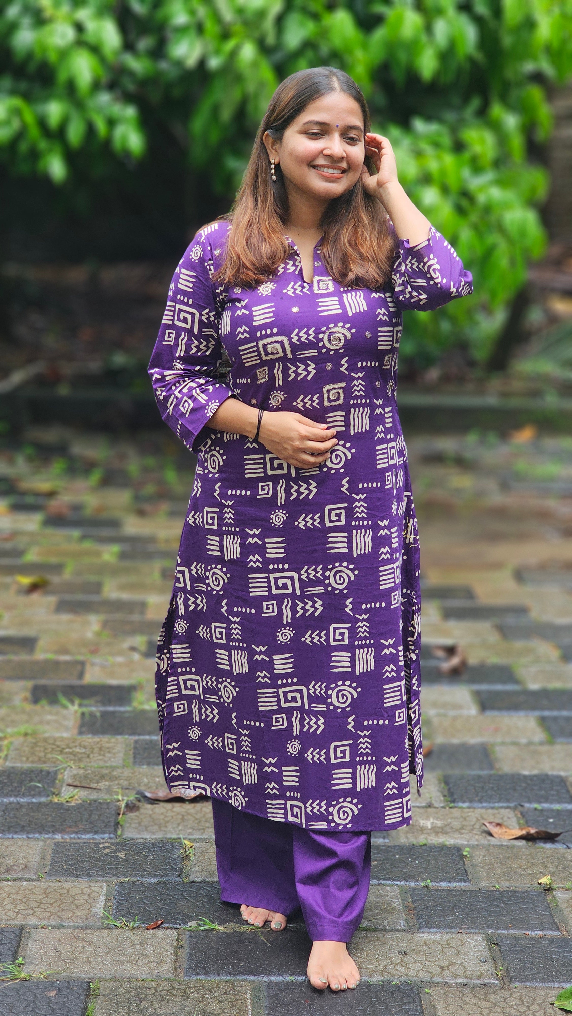 Purple Geometric Print Collared Kurta Set - KM212