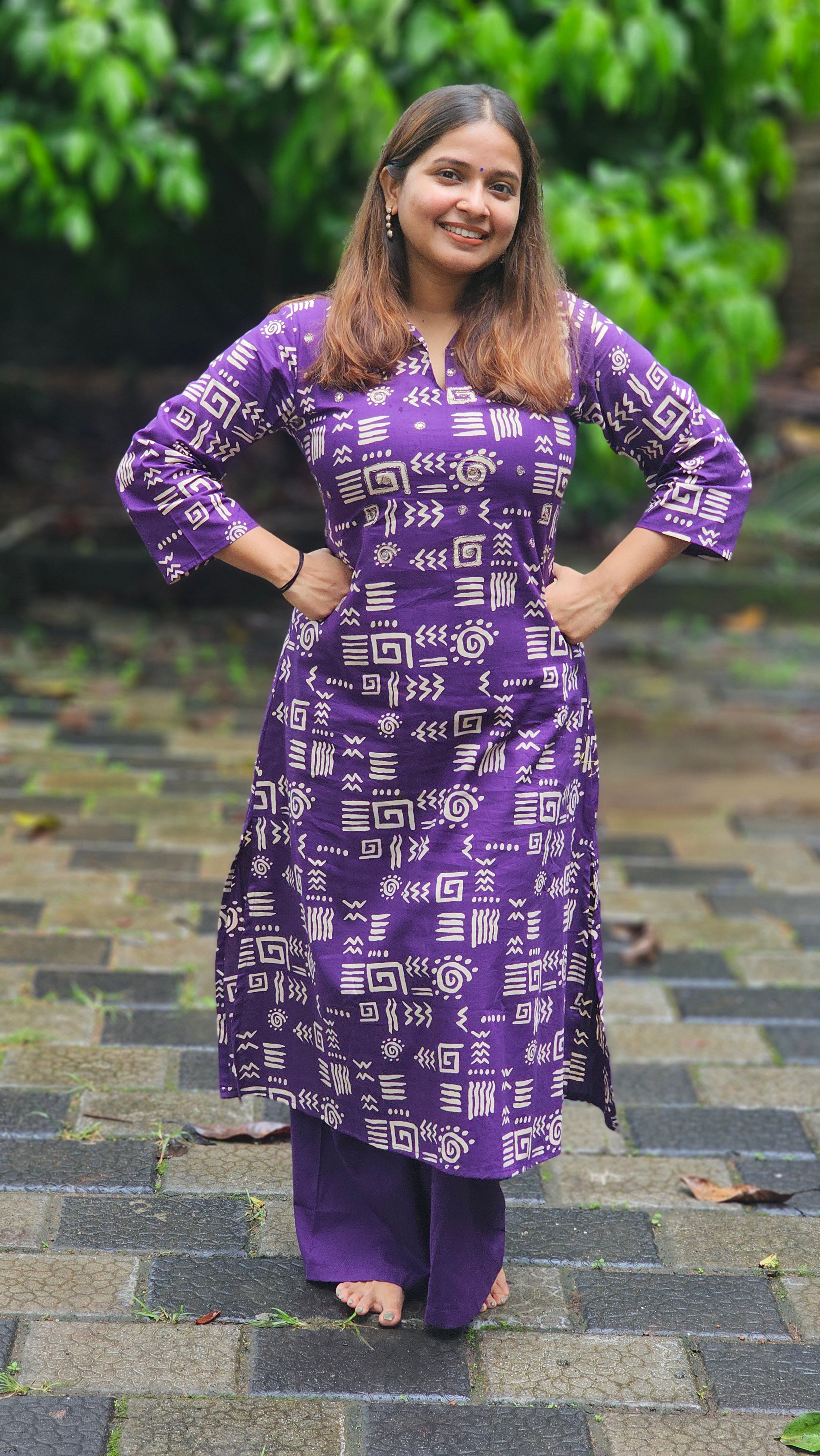Purple Geometric Print Collared Kurta Set - KM212