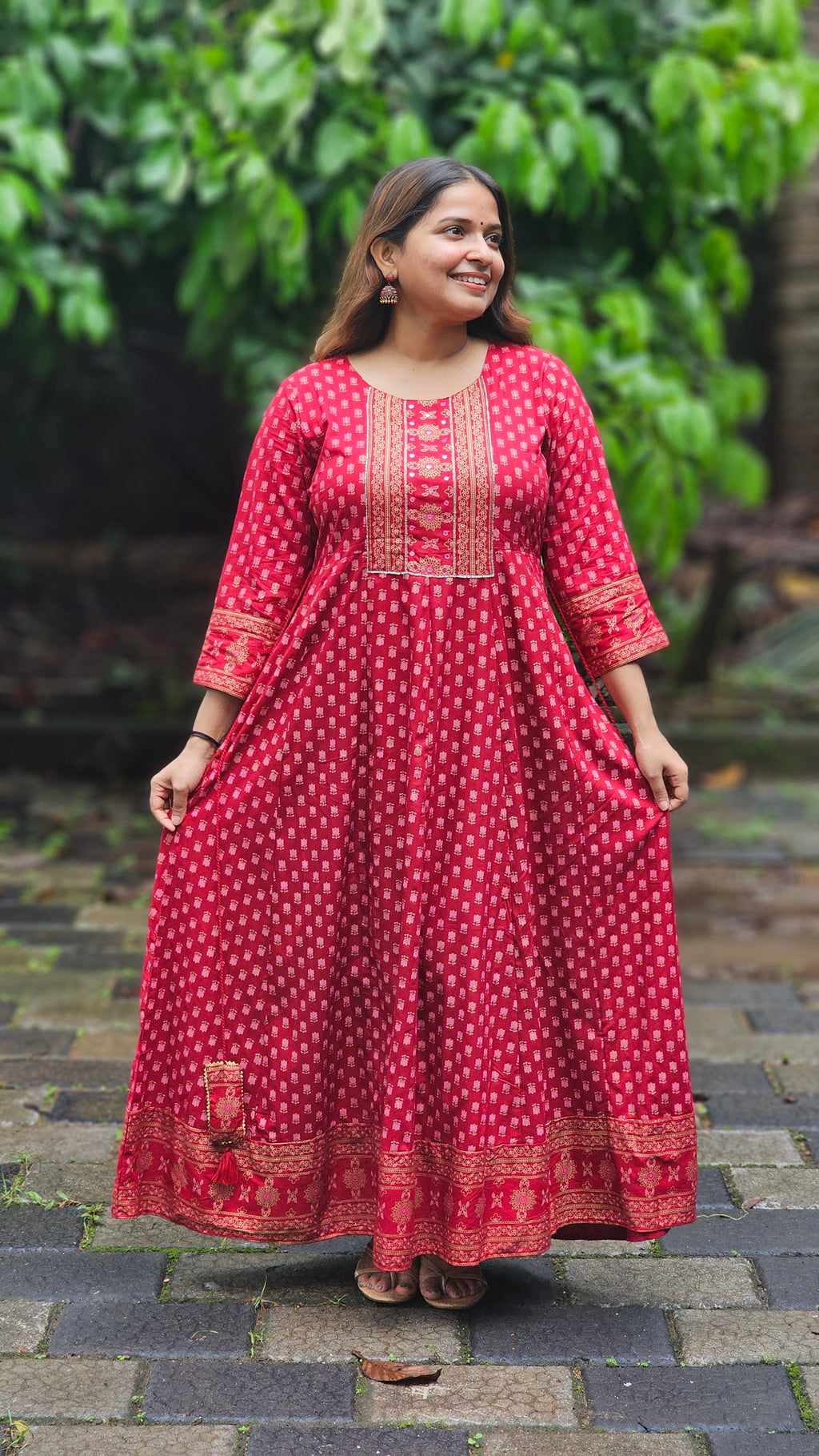 Dark red Printed Flared Cotton Dress - KM144