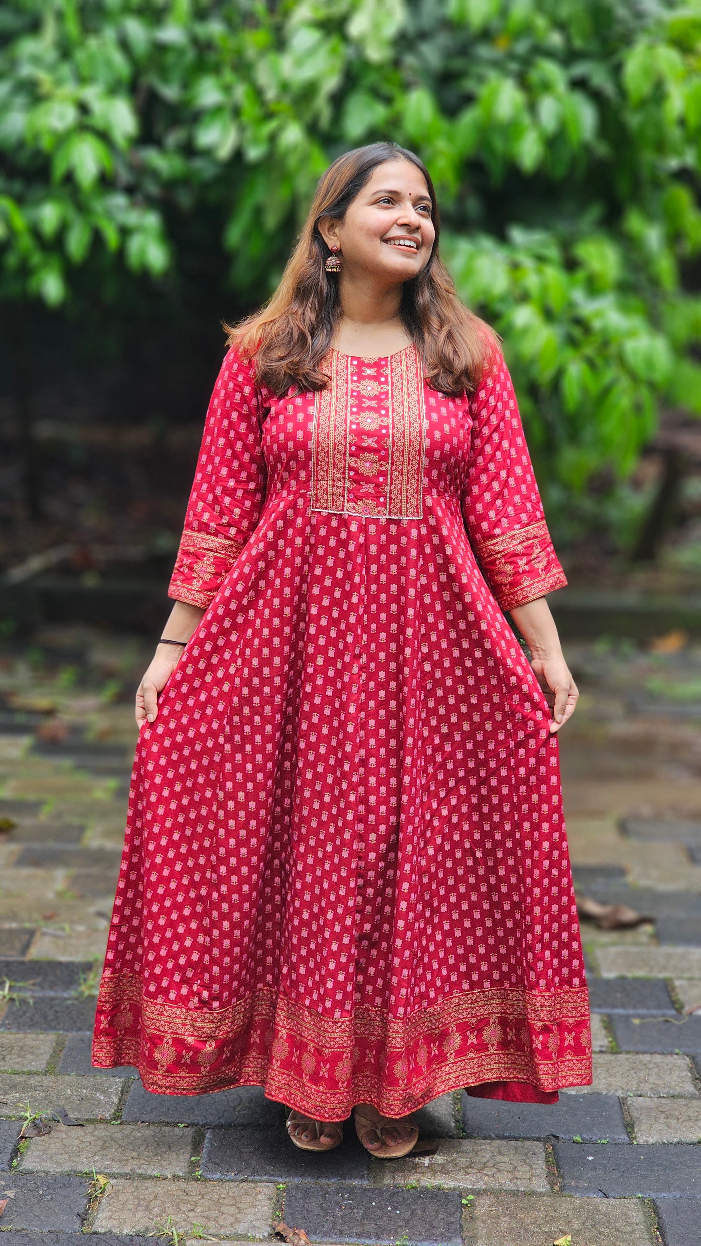 Dark red Printed Flared Cotton Dress - KM144