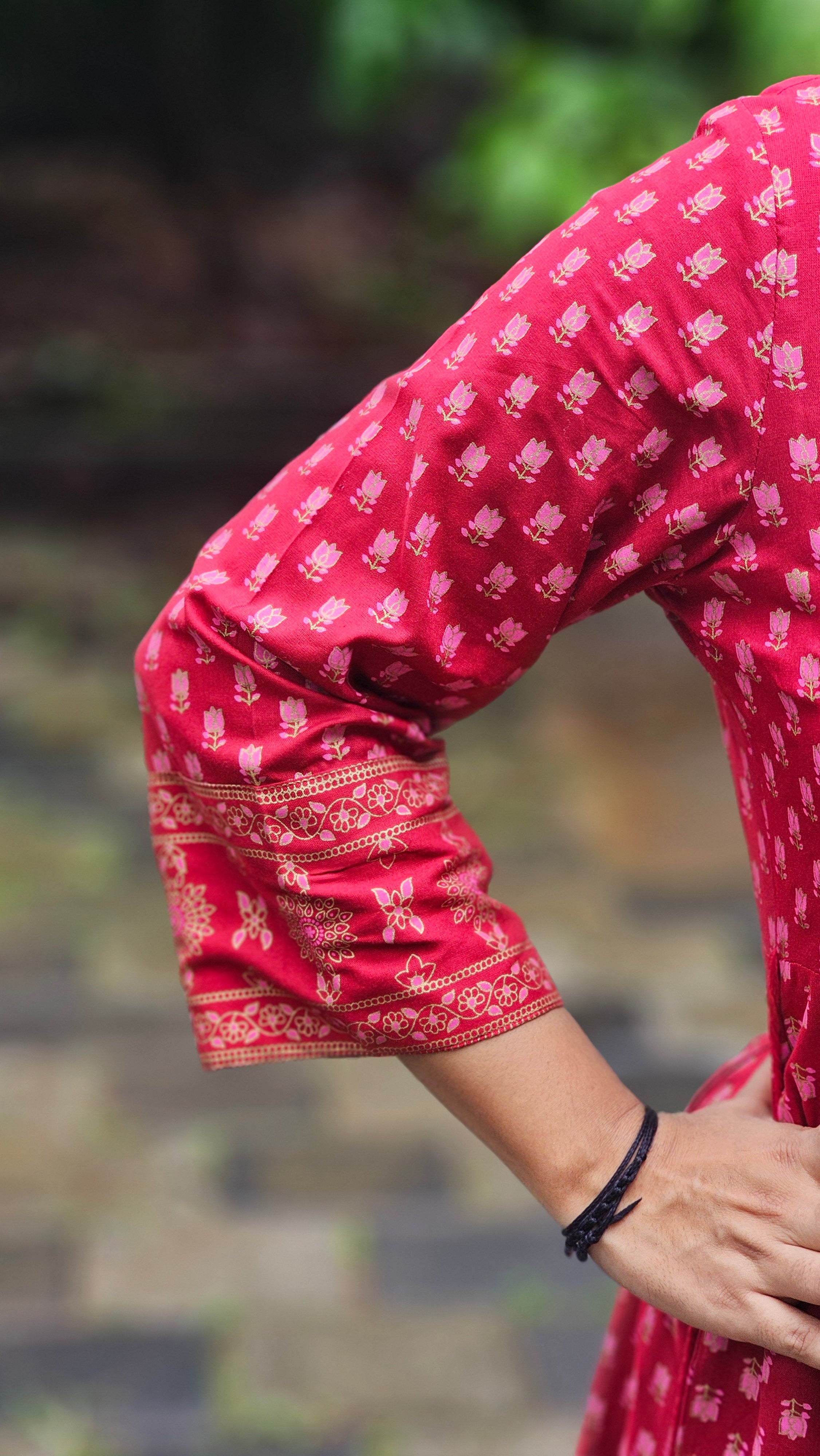 Dark red Printed Flared Cotton Dress - KM144