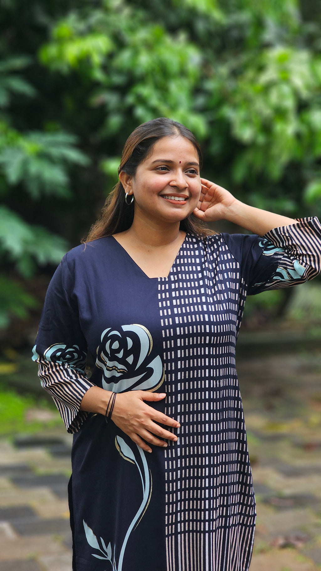Dark Blue Rose Motif Kurta Set - KM211