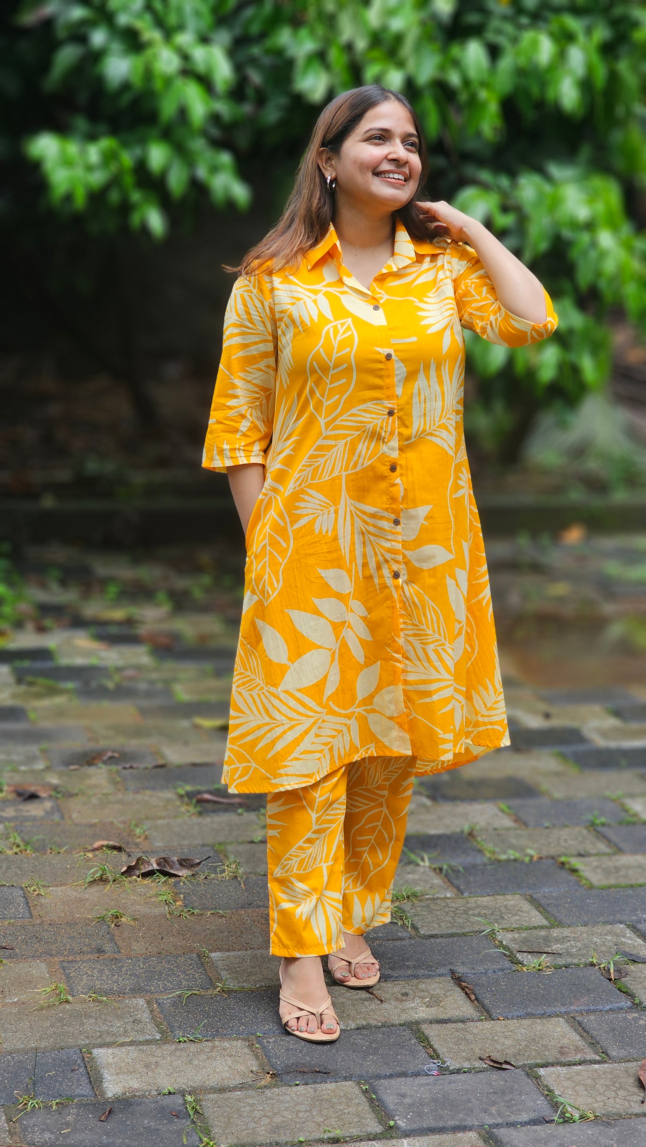Yellow Leaf Print Collared Co-ord Set - KM143