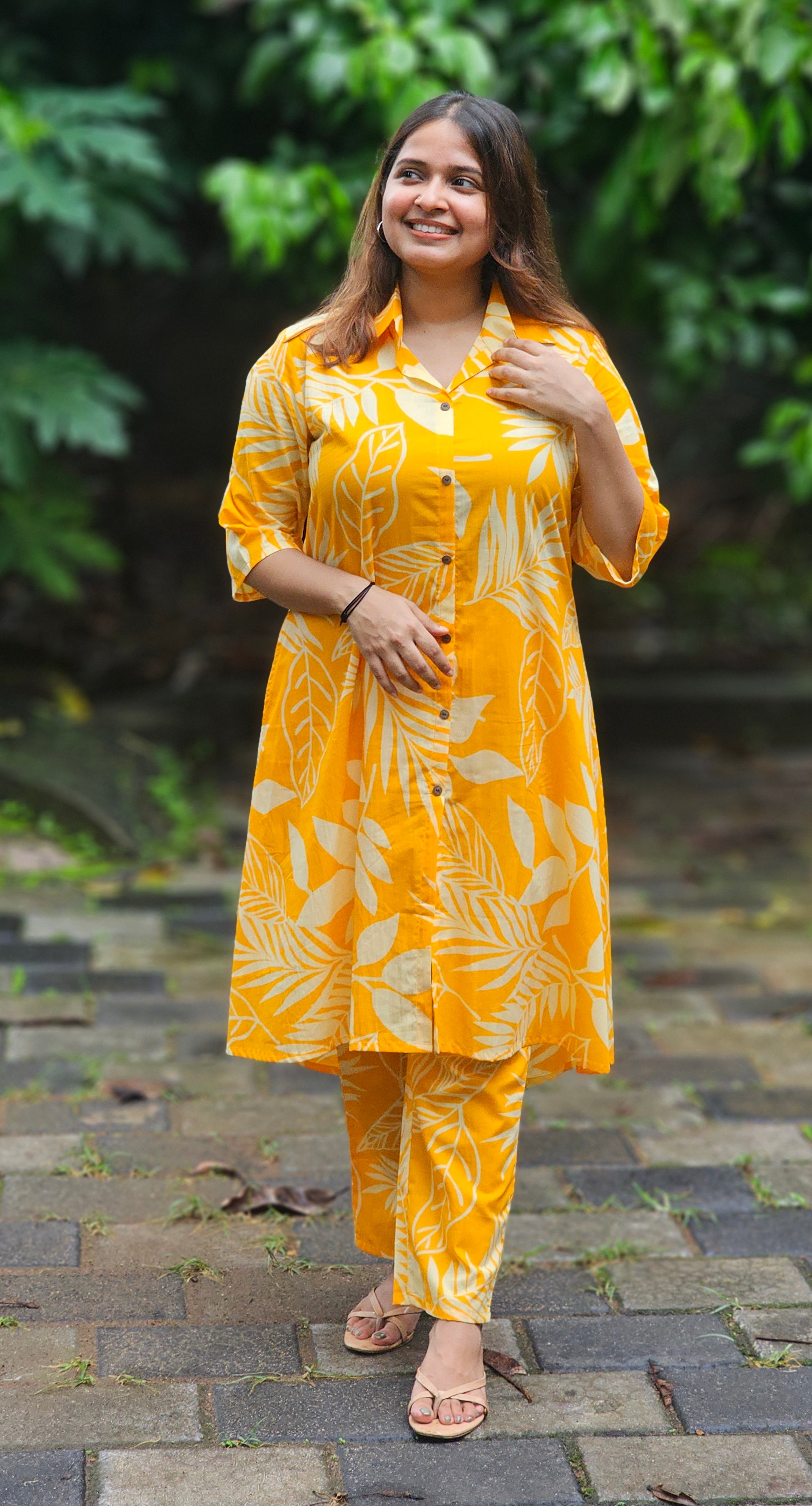 Yellow Leaf Print Collared Co-ord Set - KM143