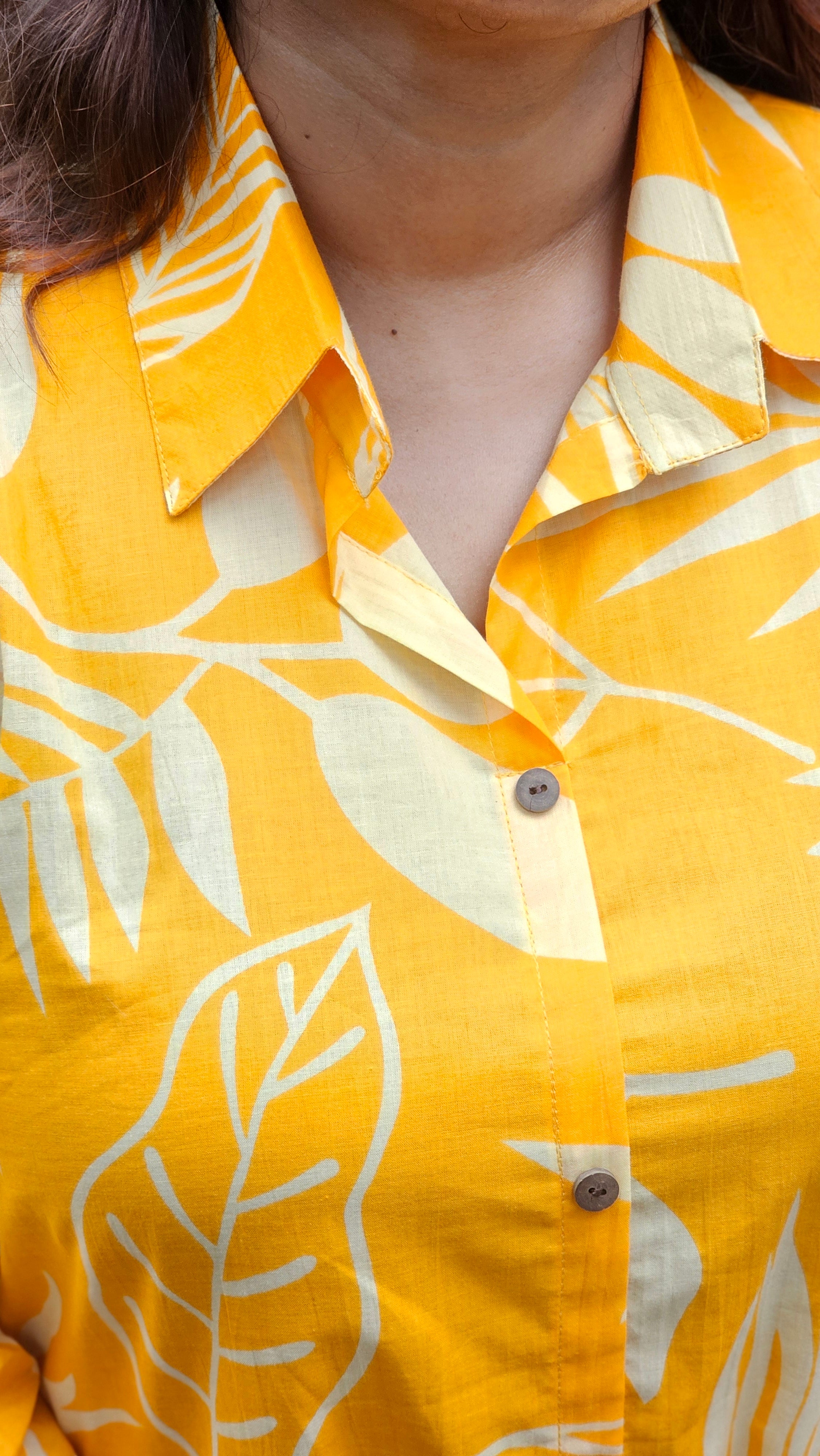 Yellow Leaf Print Collared Co-ord Set - KM143