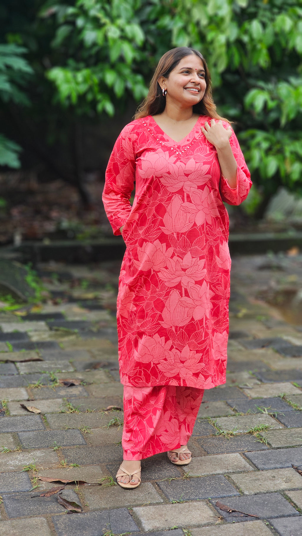 Mandy Pink Lotus Print Kurta Set - KM210