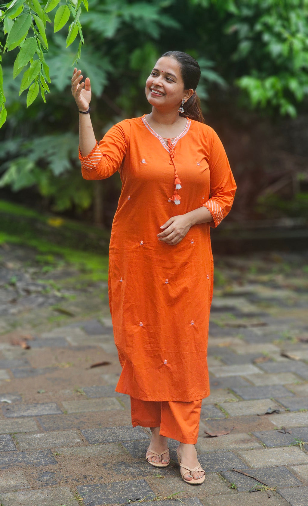 Orange Solid Kurta Set with Floral Print Dupatta - KM142