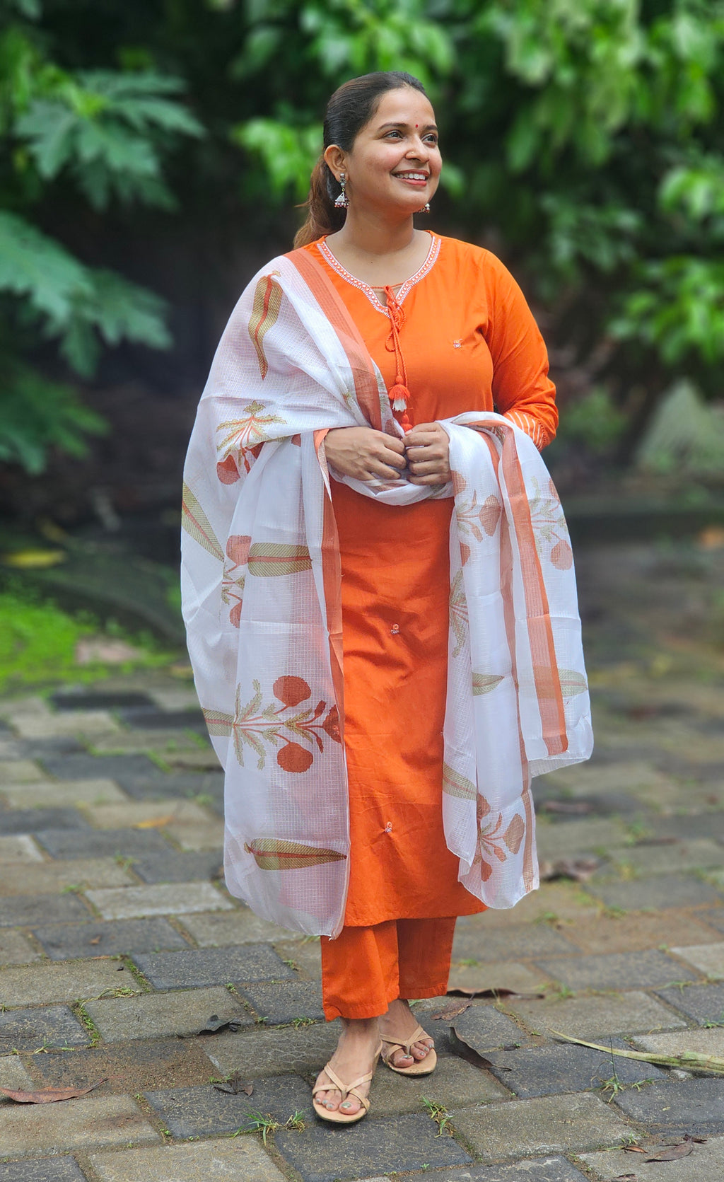 Orange Solid Kurta Set with Floral Print Dupatta - KM142