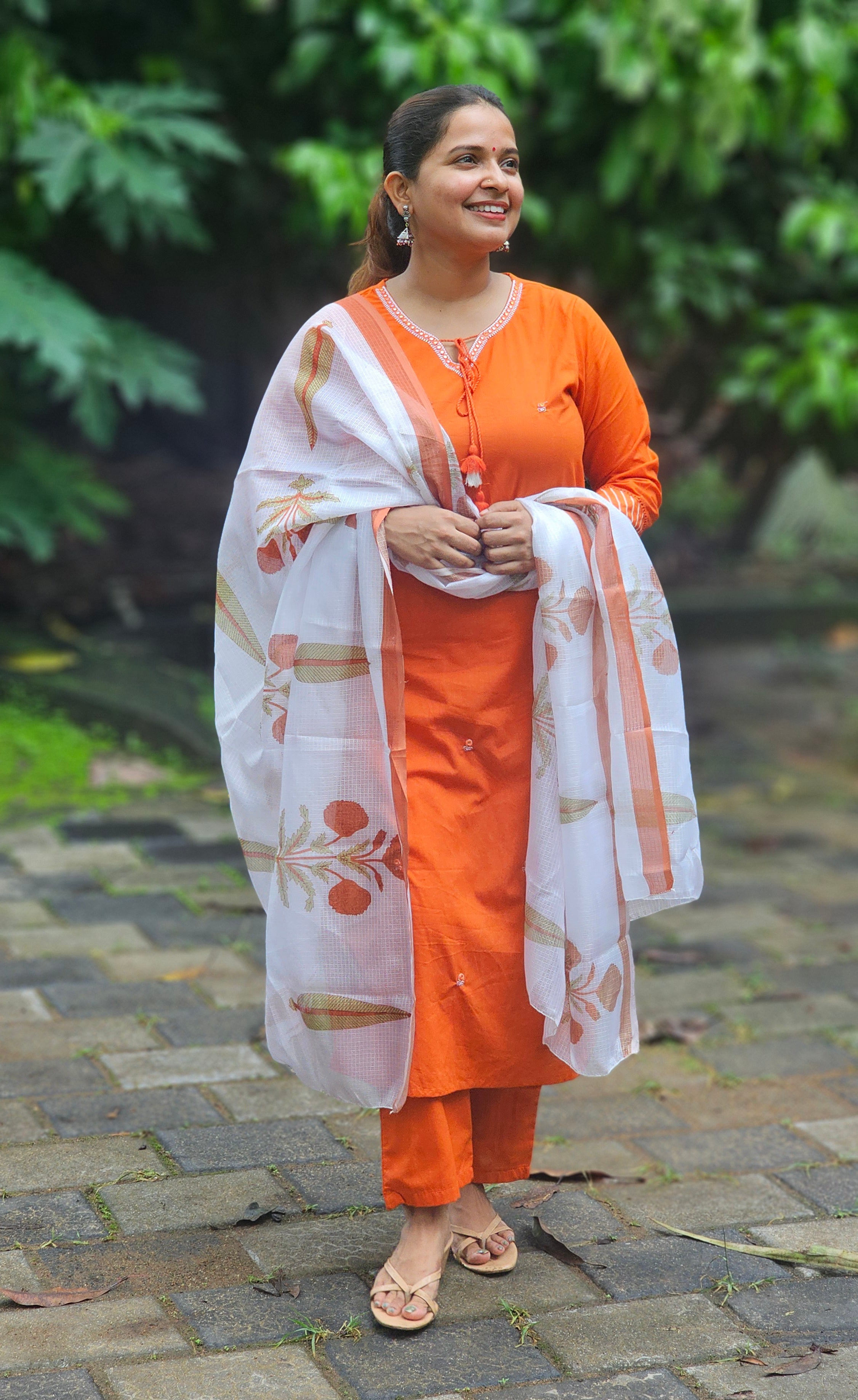 Orange Solid Kurta Set with Floral Print Dupatta - KM142