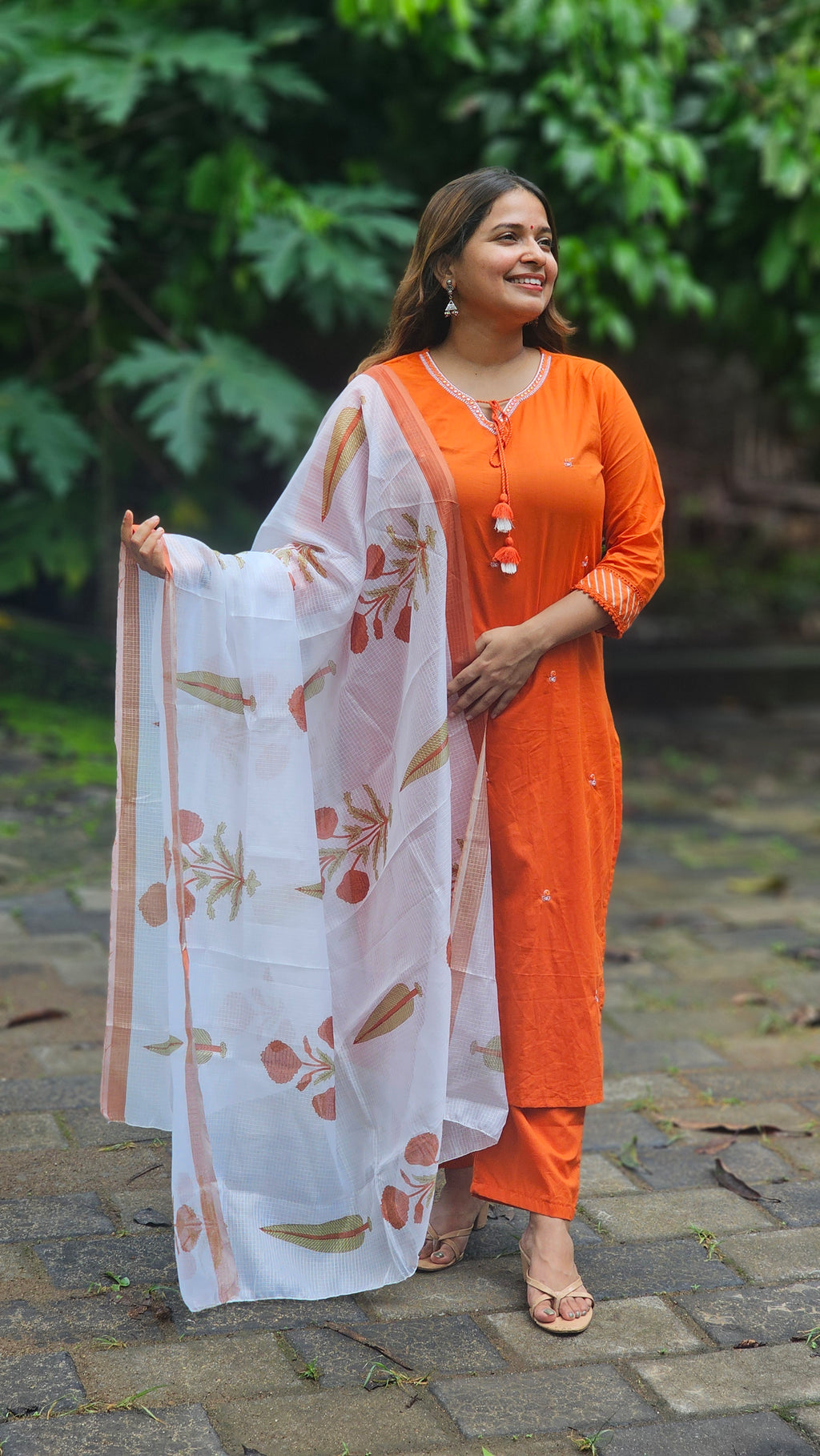 Orange Solid Kurta Set with Floral Print Dupatta - KM142