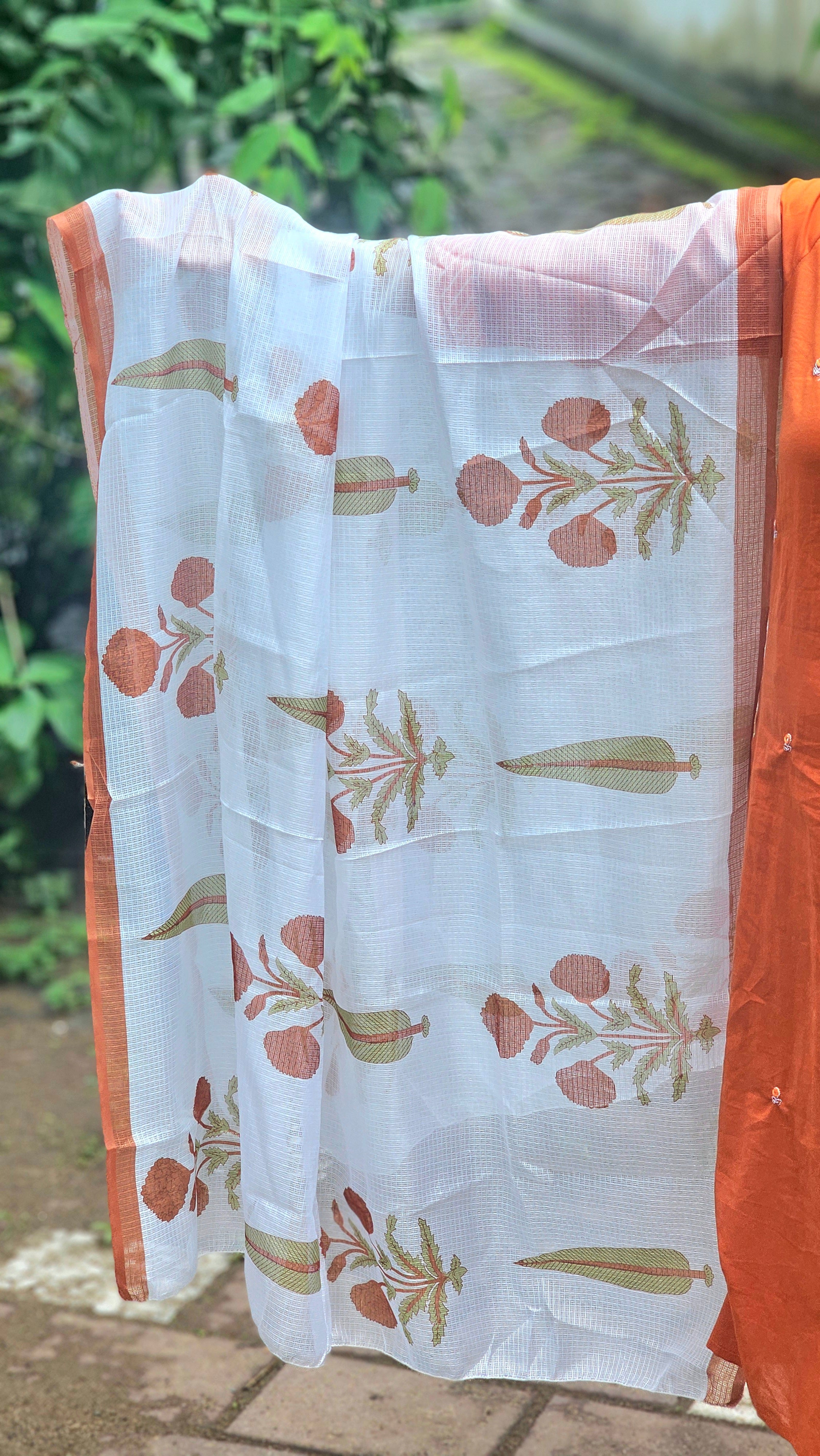 Orange Solid Kurta Set with Floral Print Dupatta - KM142