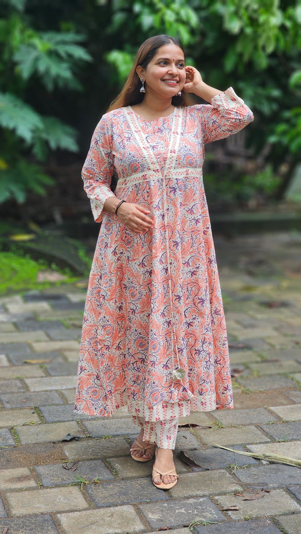 Peach Floral Print A-Line Kurta Set - KM141