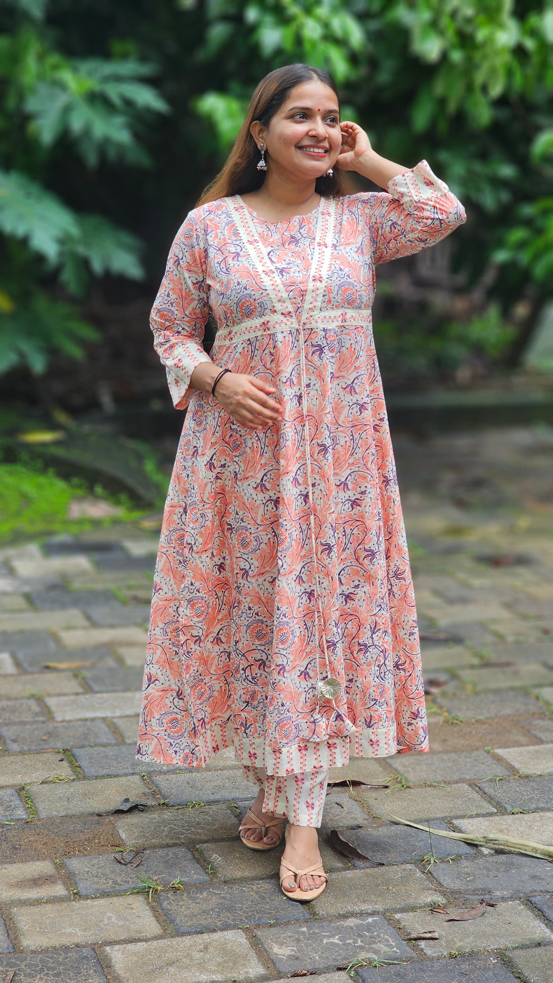 Peach Floral Print A-Line Kurta Set - KM141