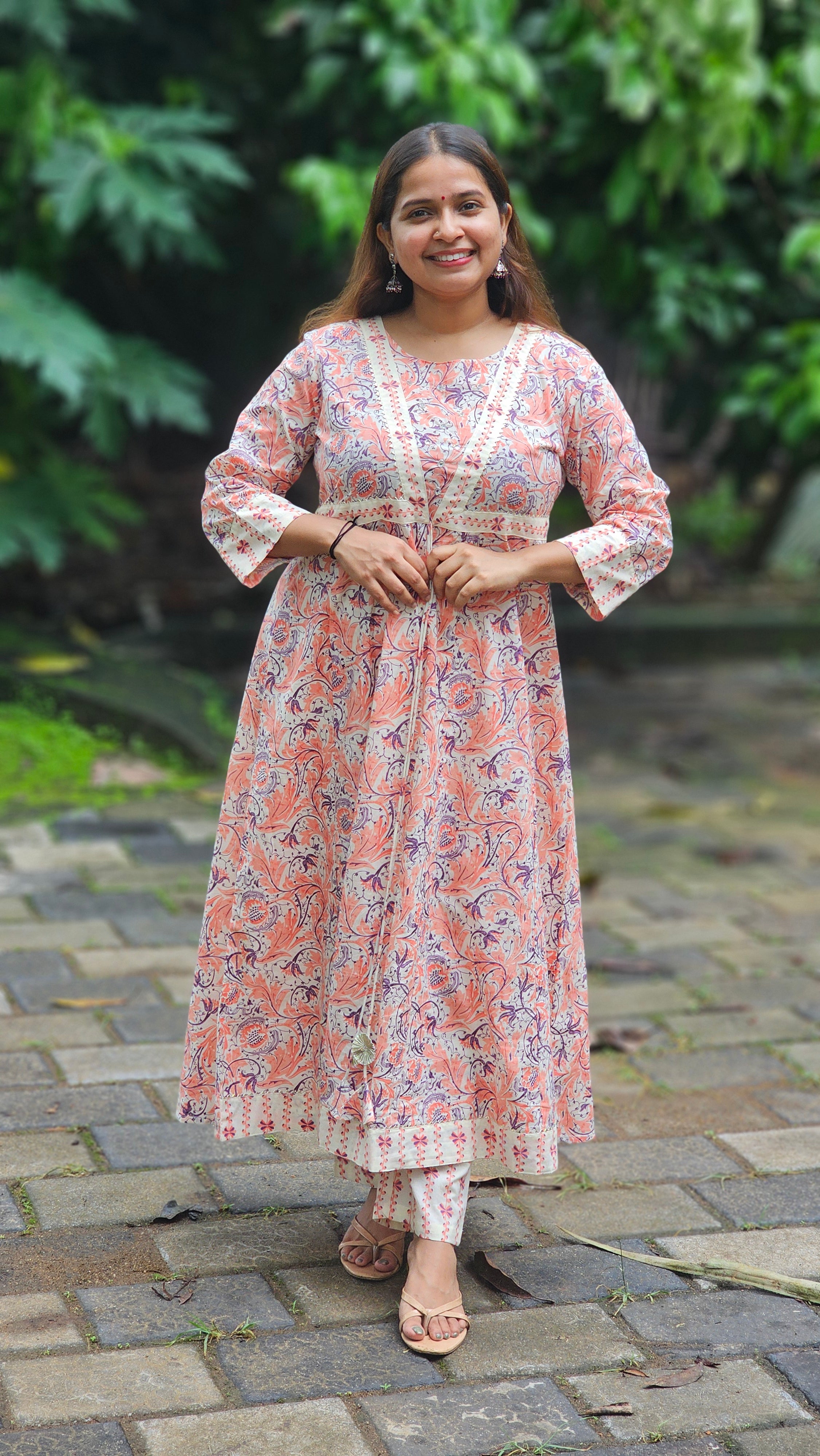 Peach Floral Print A-Line Kurta Set - KM141