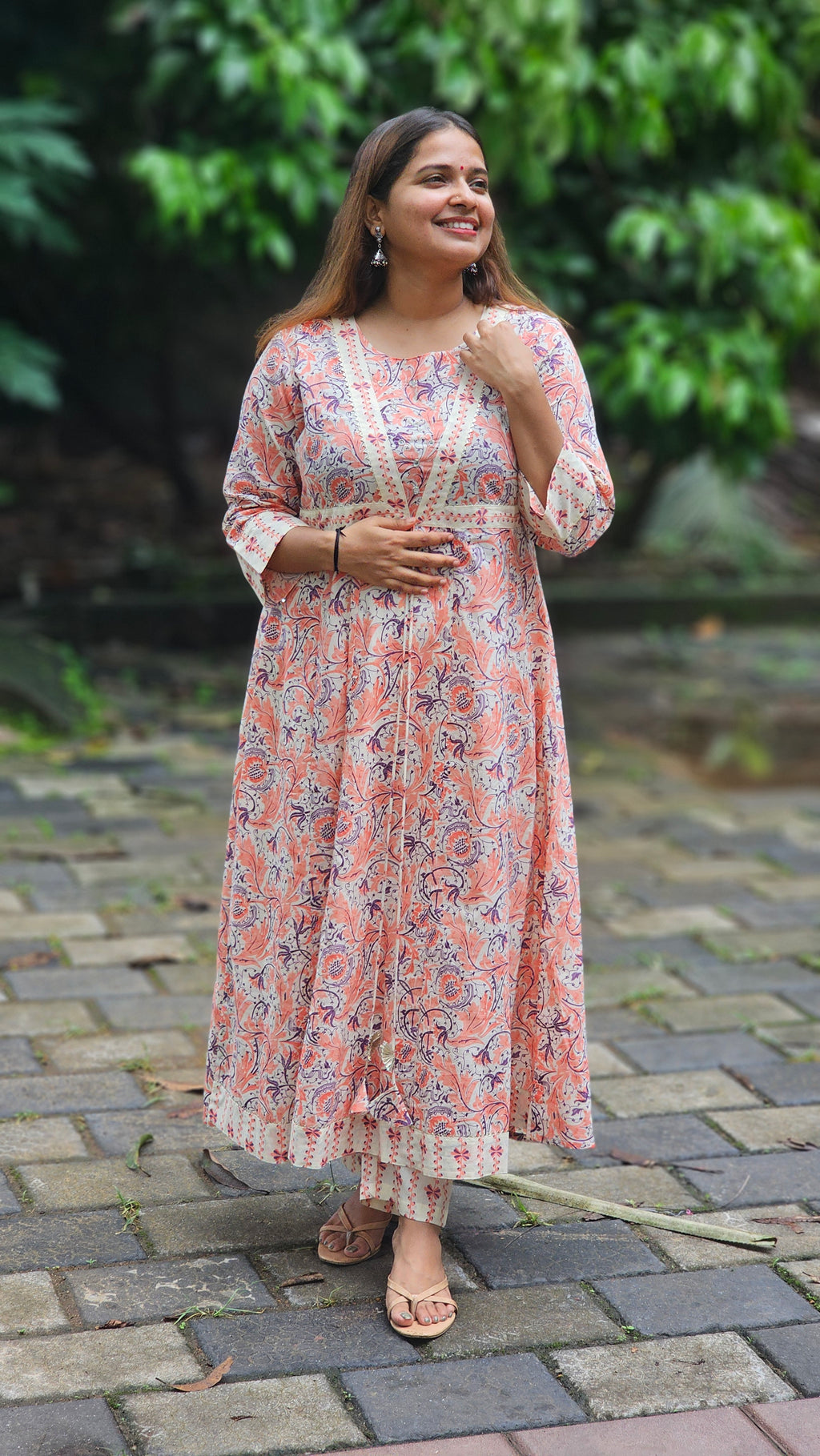 Peach Floral Print A-Line Kurta Set - KM141