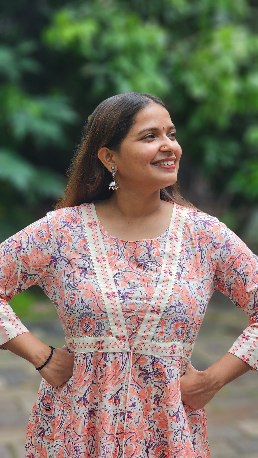Peach Floral Print A-Line Kurta Set - KM141