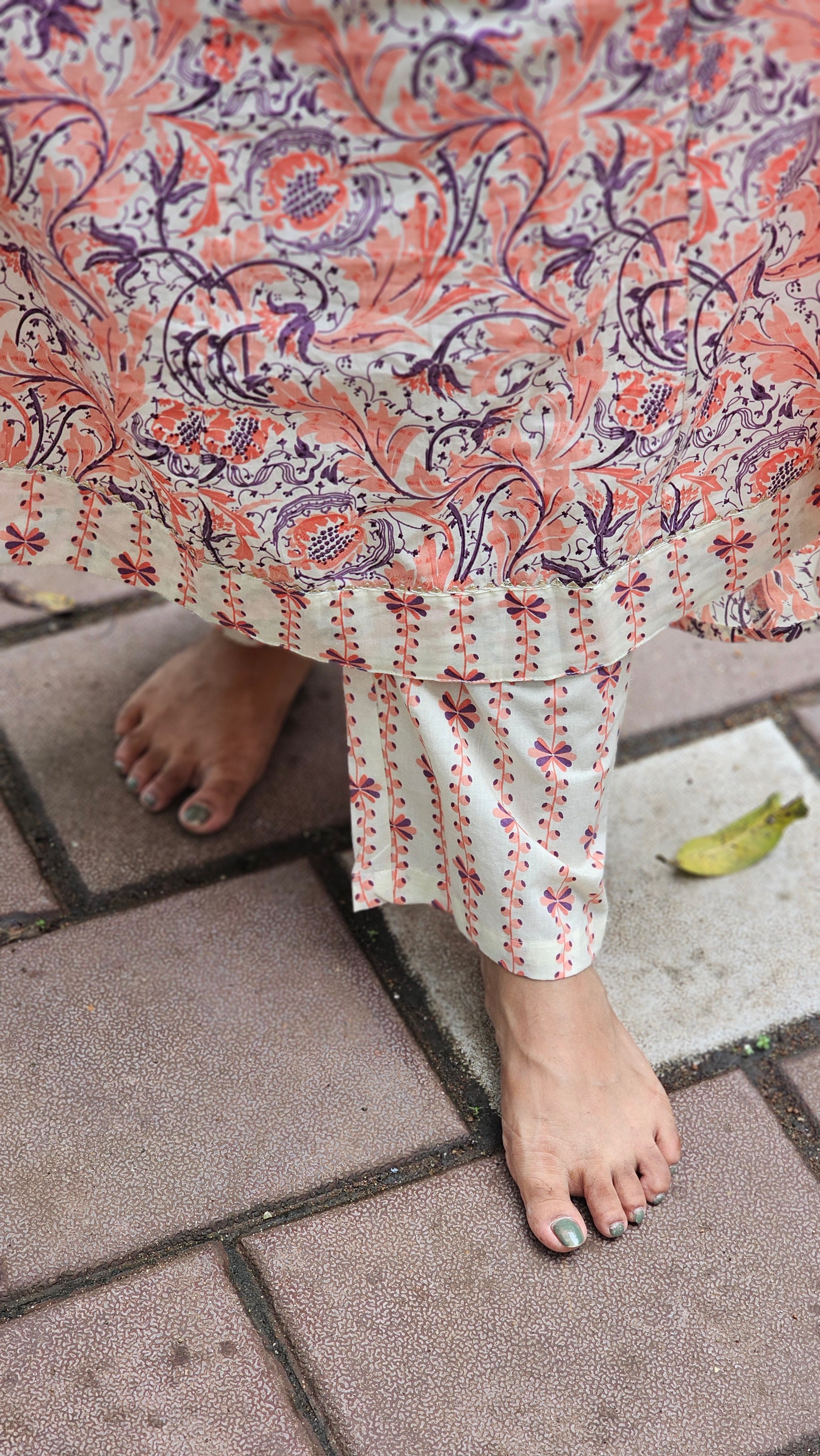Peach Floral Print A-Line Kurta Set - KM141