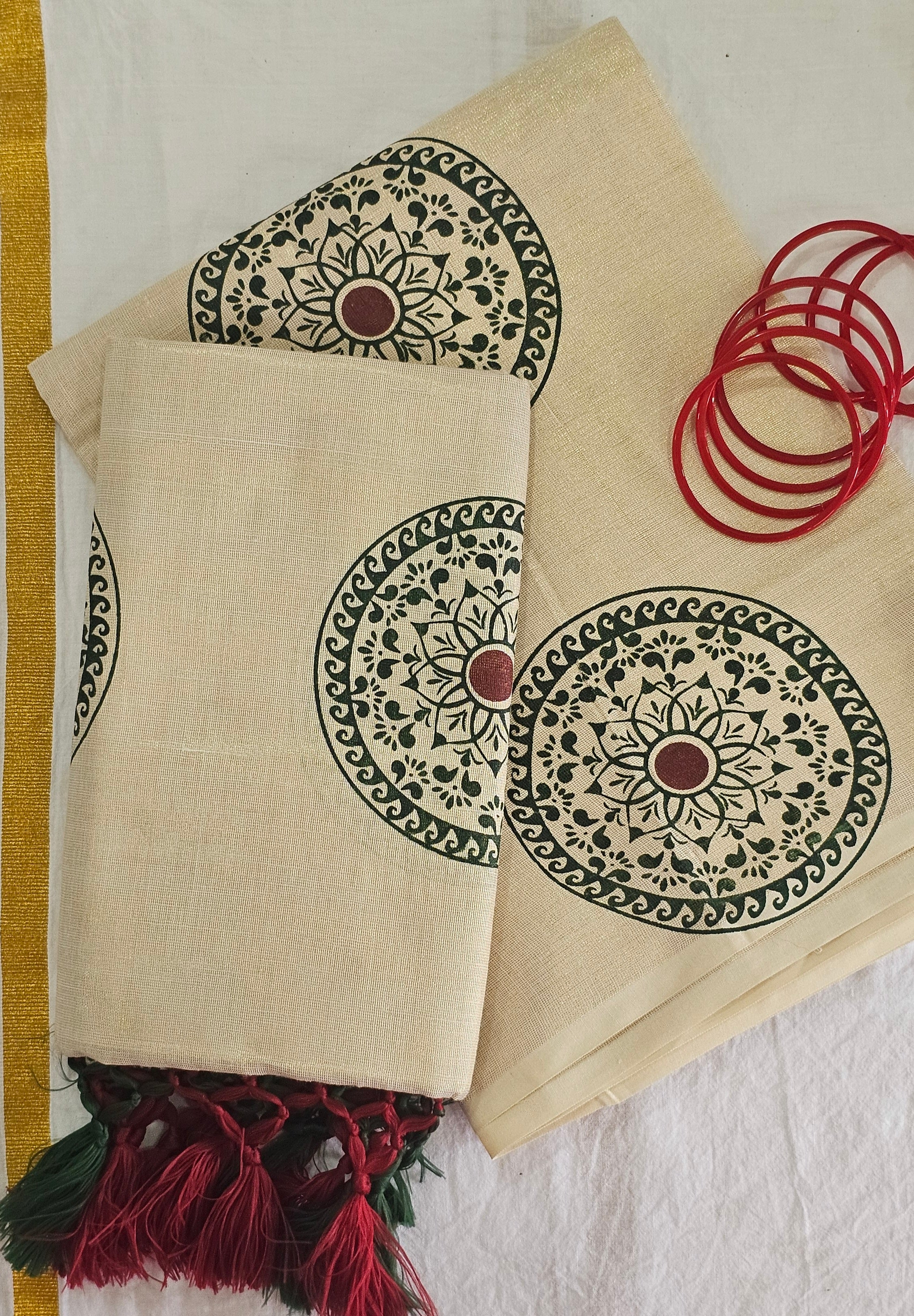 Mandala prints set mundu with tassels - KM312
