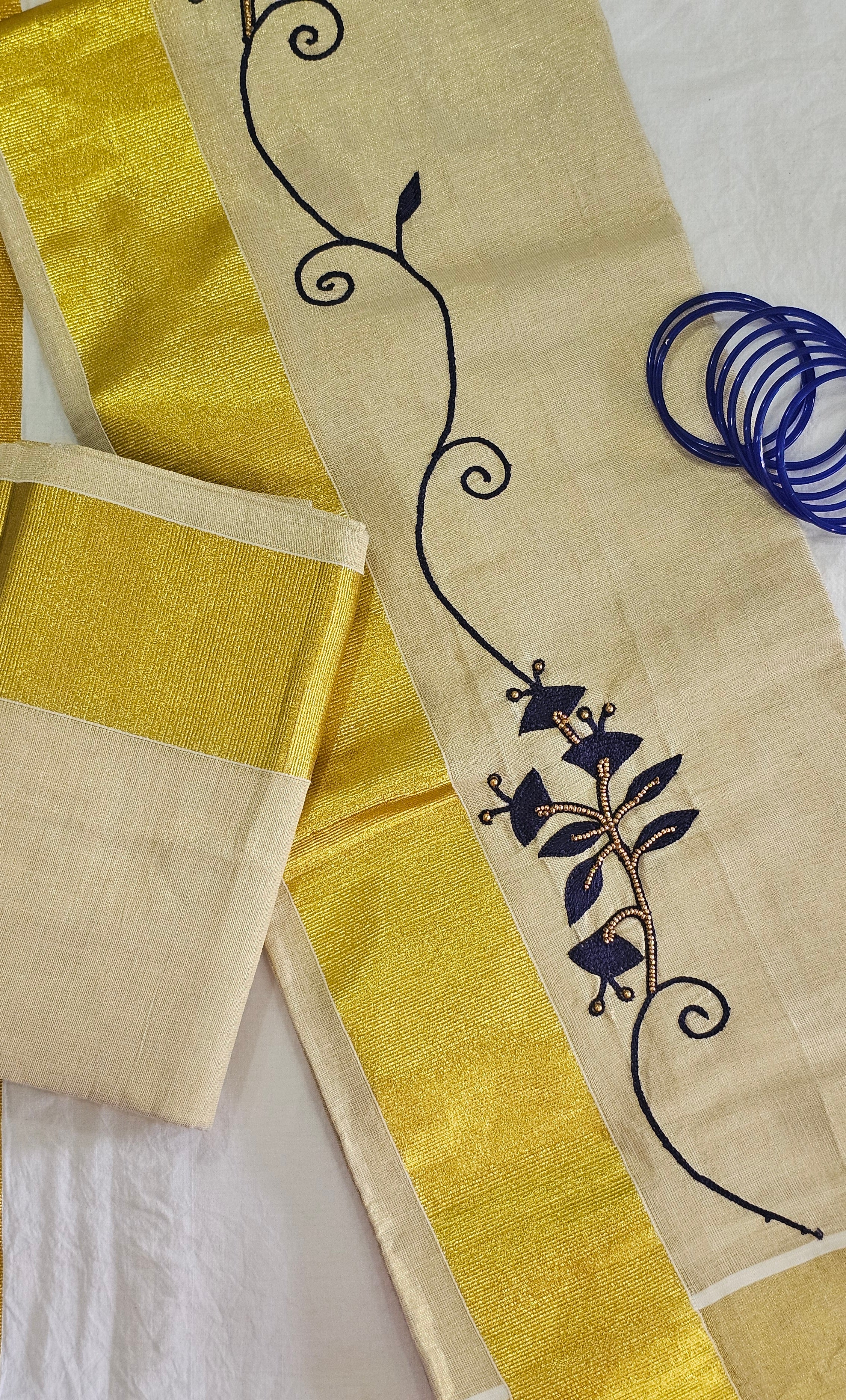 Artisanal Hand-Work: Blue Embroidered & Beaded Kasavu Saree - KM307
