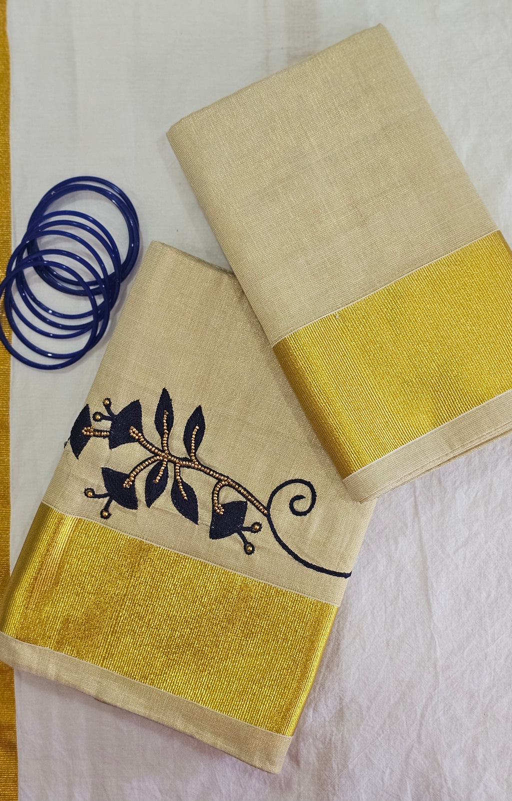 Artisanal Hand-Work: Blue Embroidered & Beaded Kasavu Saree - KM307