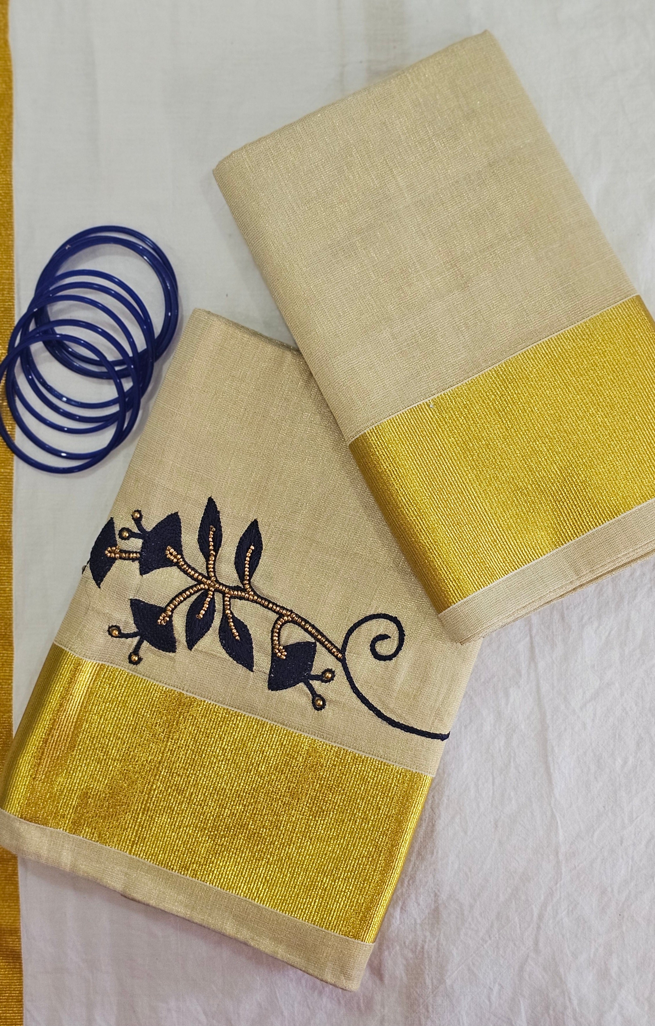 Artisanal Hand-Work: Blue Embroidered & Beaded Kasavu Saree - KM307