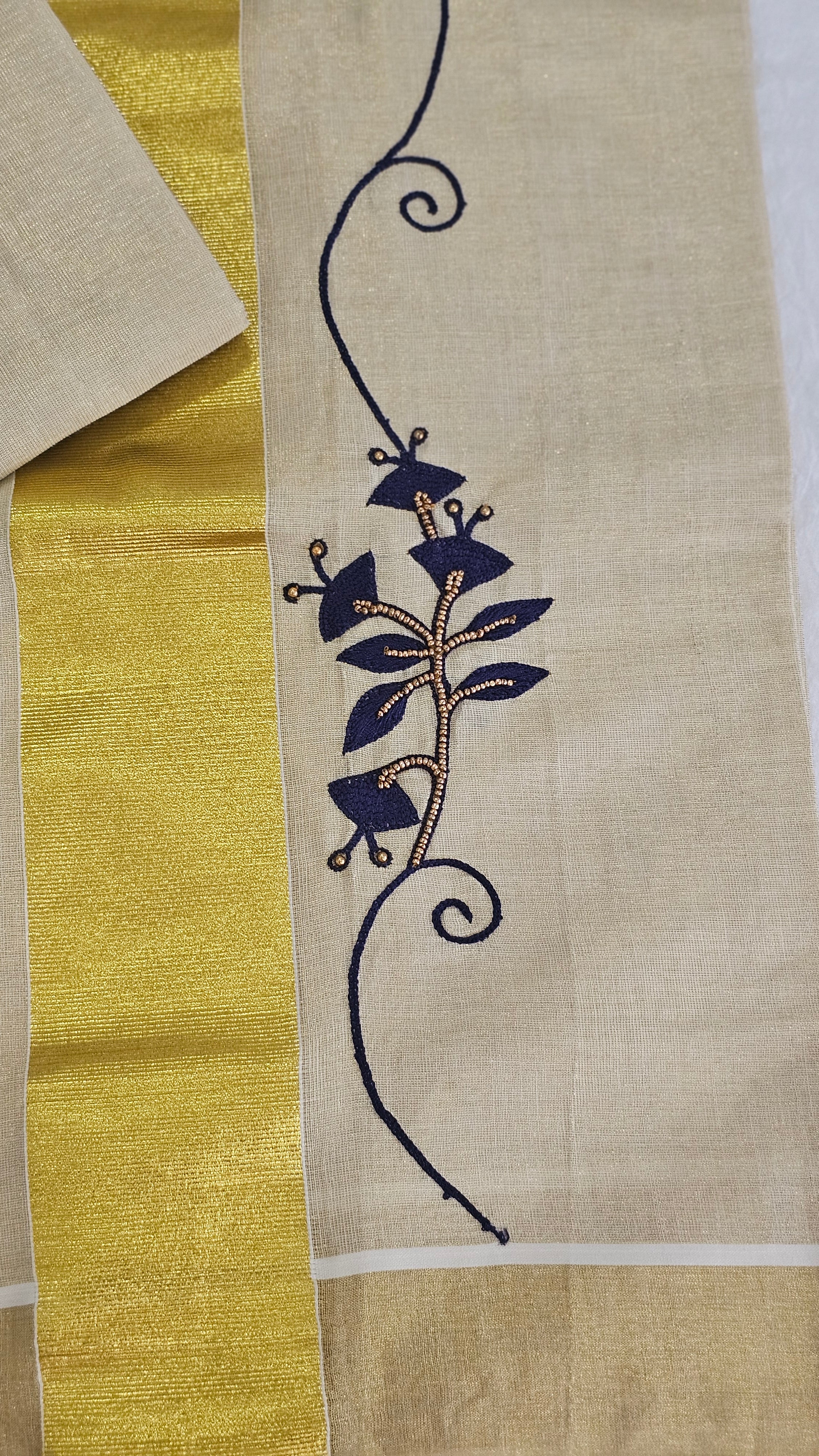 Artisanal Hand-Work: Blue Embroidered & Beaded Kasavu Saree - KM307