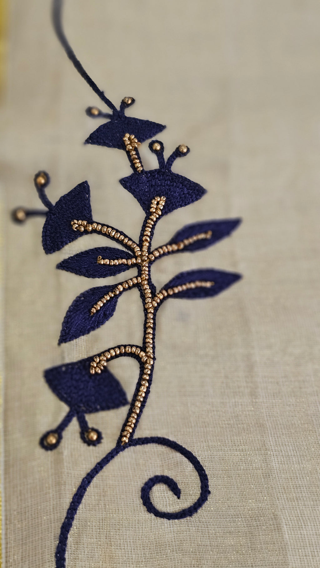 Artisanal Hand-Work: Blue Embroidered & Beaded Kasavu Saree - KM307