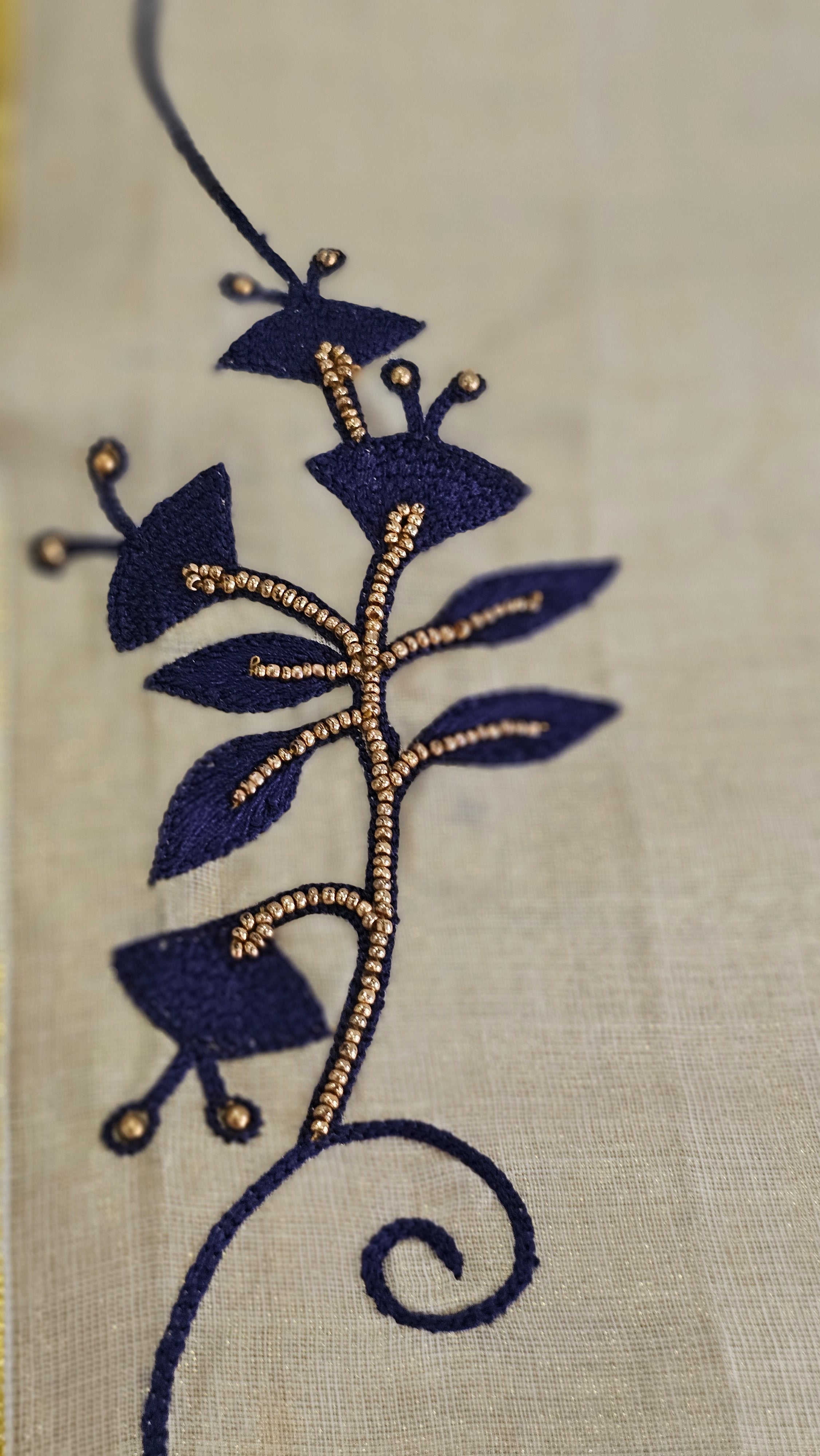 Artisanal Hand-Work: Blue Embroidered & Beaded Kasavu Saree - KM307