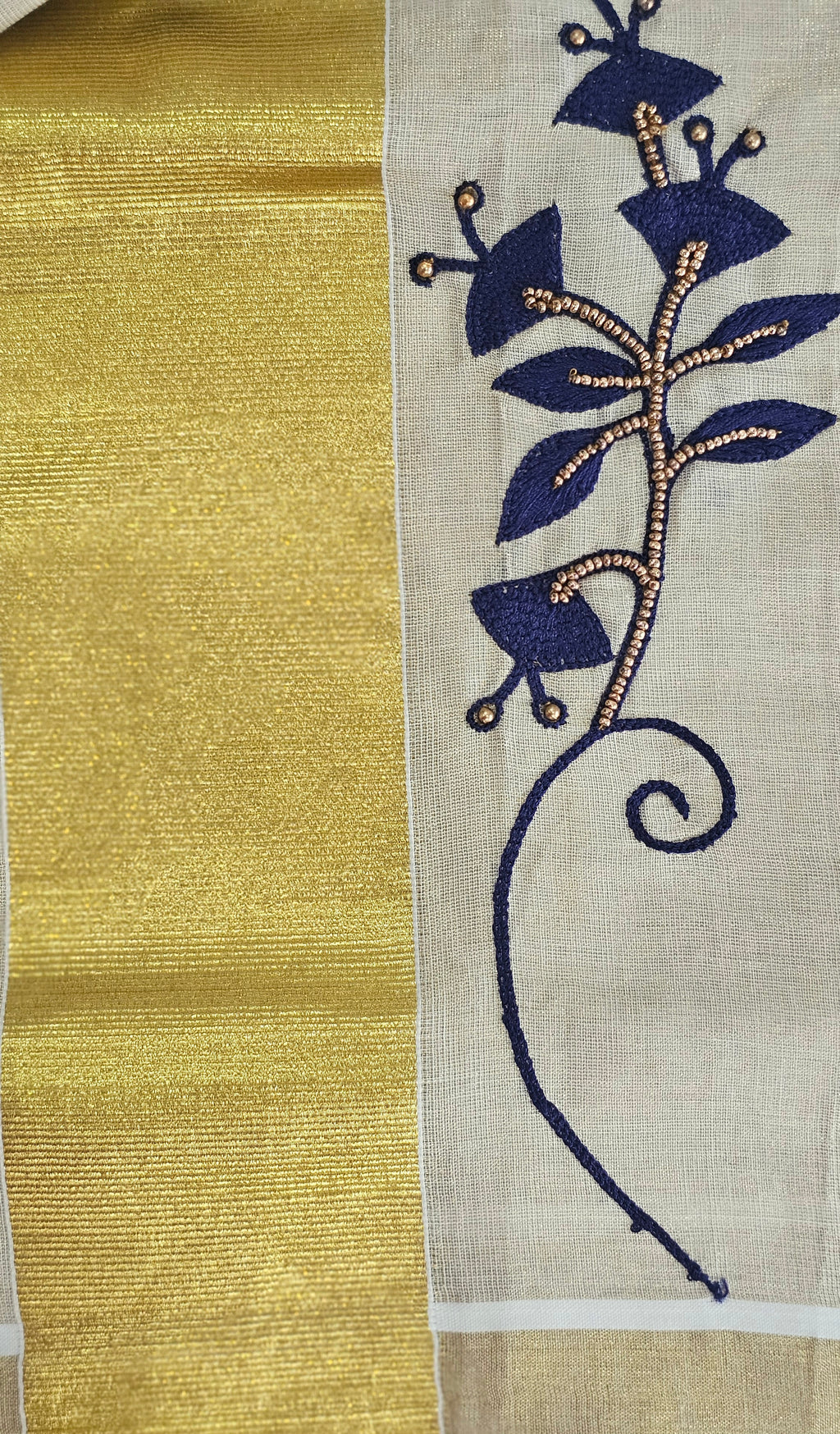 Artisanal Hand-Work: Blue Embroidered & Beaded Kasavu Saree - KM307