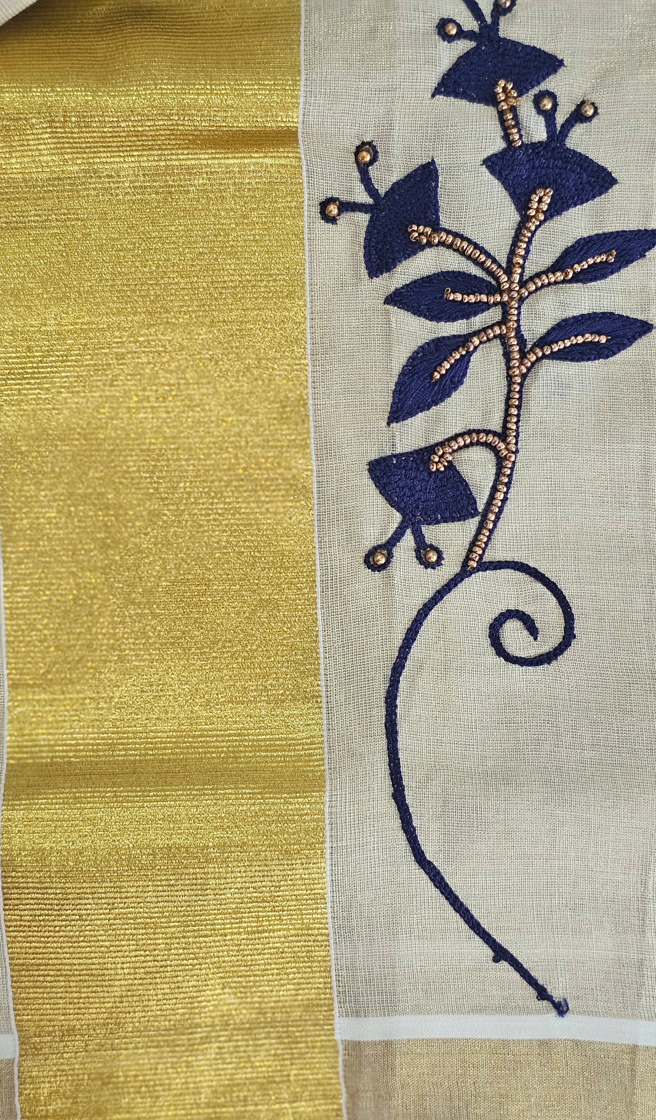 Artisanal Hand-Work: Blue Embroidered & Beaded Kasavu Saree - KM307