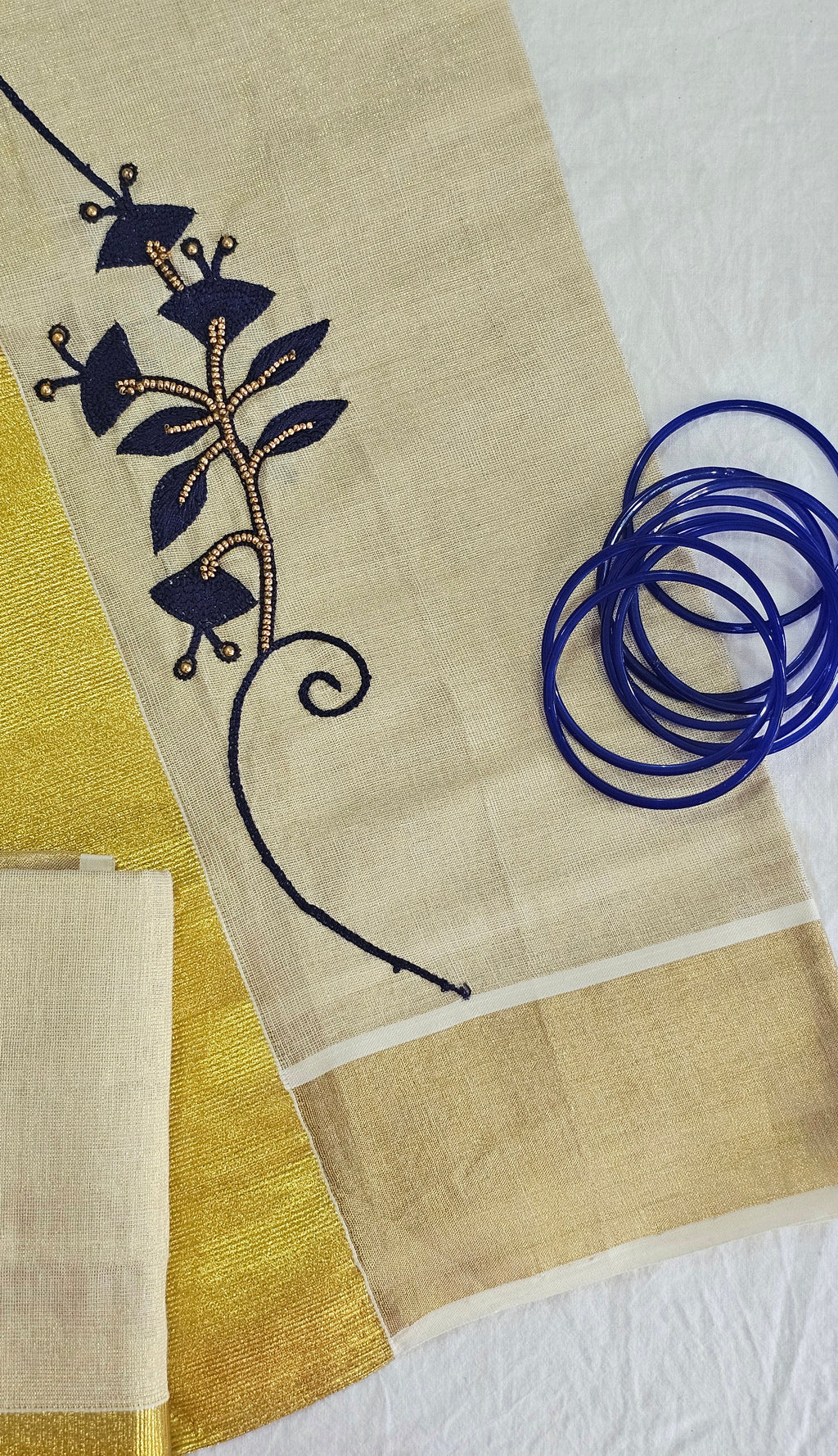 Artisanal Hand-Work: Blue Embroidered & Beaded Kasavu Saree - KM307