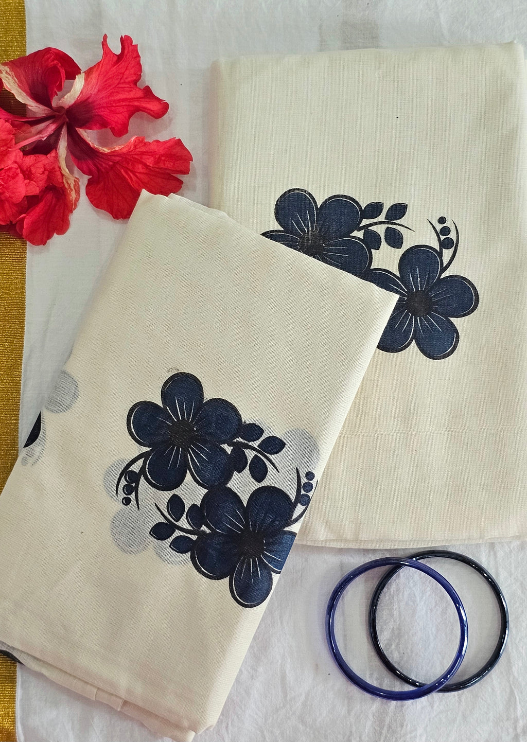 Dark blue floral motifs cotton set mundu - KM304